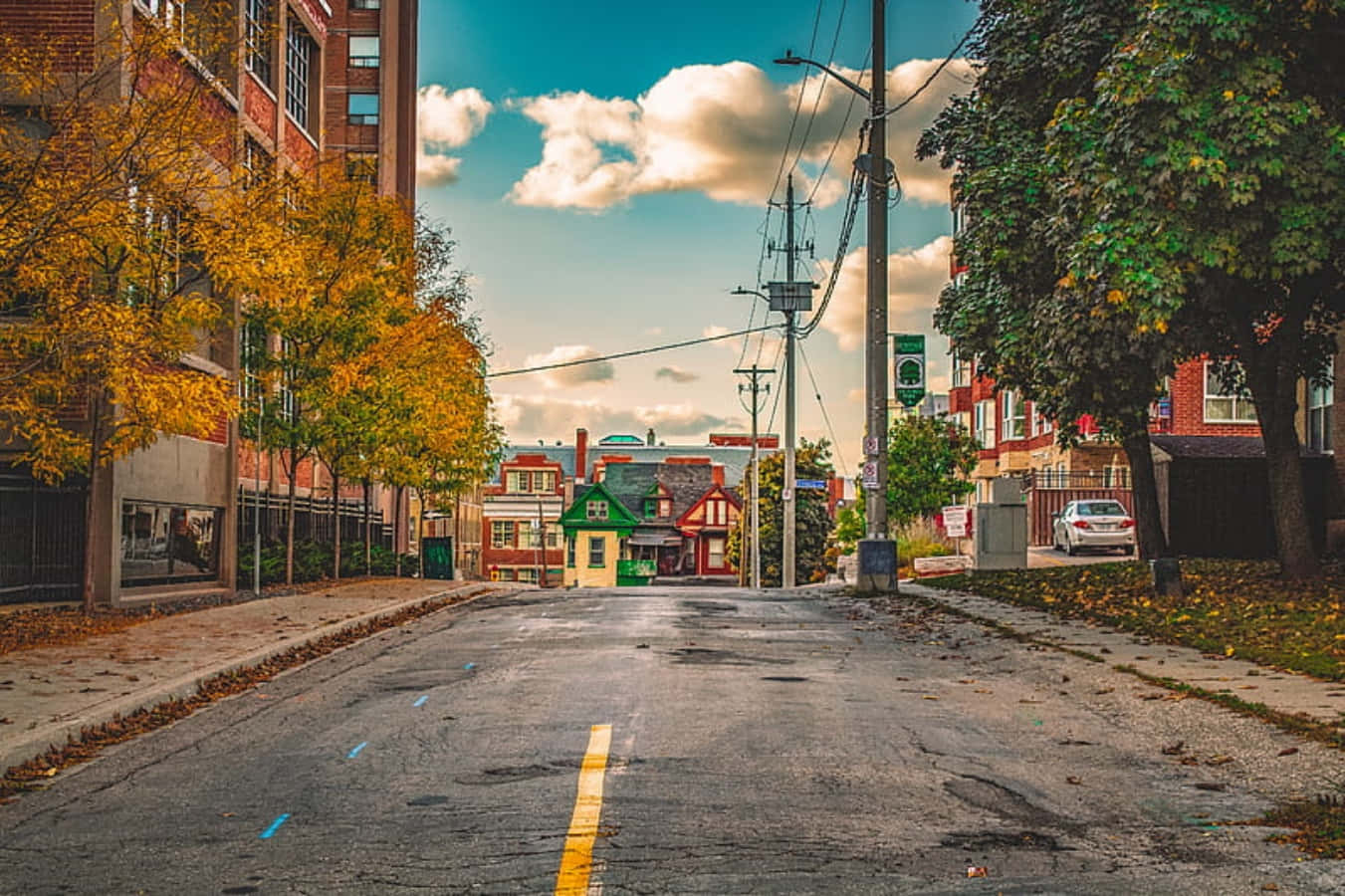 autumn street scene, Kitchener, brick buildings, HD Desktop Wallpaper