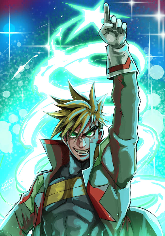 Kittan Bachika, spiky-haired anime hero, glowing green eyes, SD Phone Wallpaper