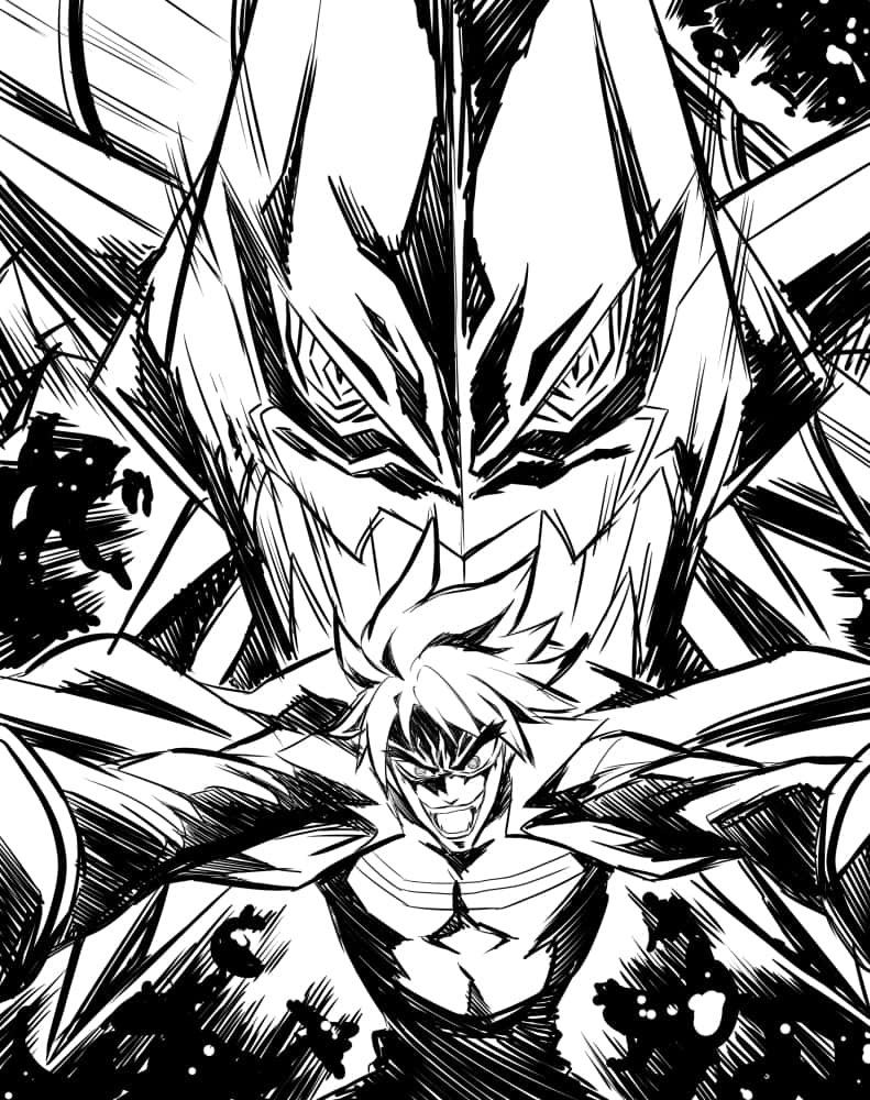 Kittan Bachika, spiky-haired warrior, towering monstrous entity, SD Phone Wallpaper