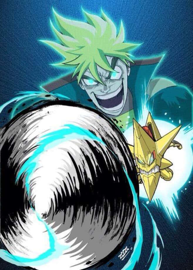Kittan Bachika, green-haired anime warrior, glowing blue energy sphere, SD Phone Wallpaper