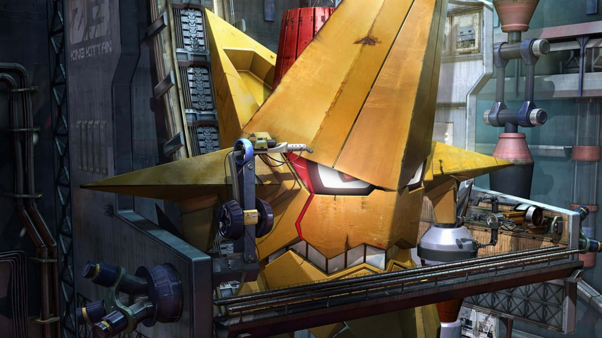 Kittan Bachika, golden star-shaped mech, glowing red eyes, Full HD Desktop Wallpaper
