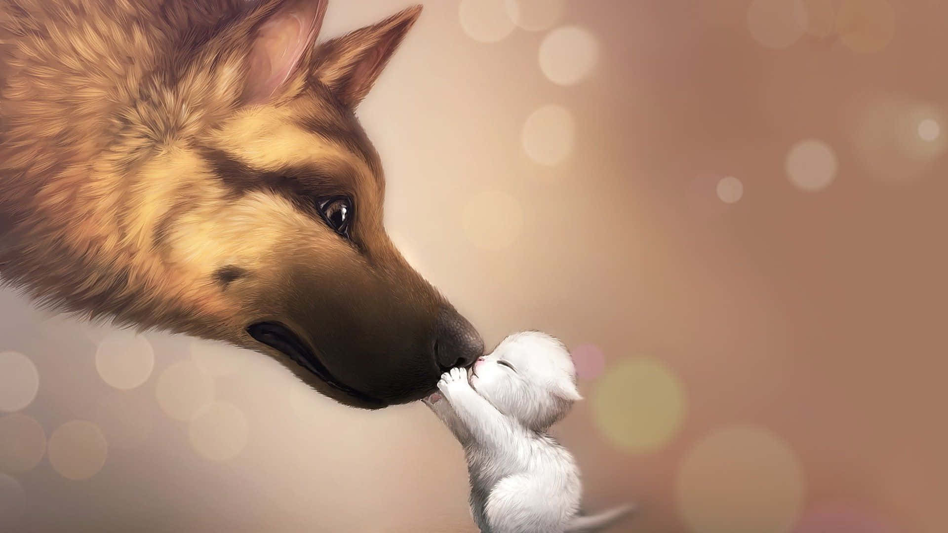 German Shepherd, tiny white kitten, soft bokeh background, Full HD Desktop Wallpaper