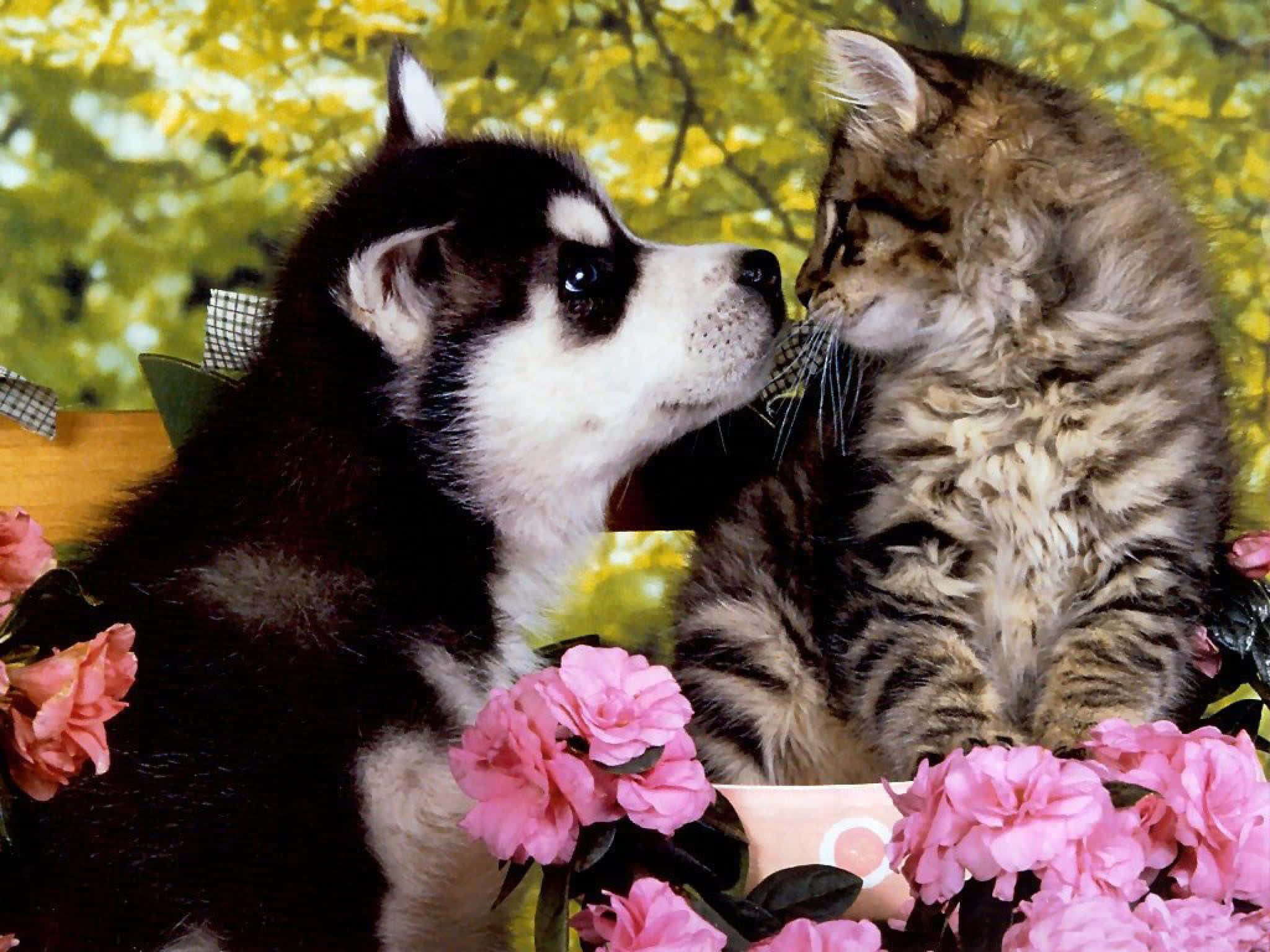 black and white husky puppy, fluffy tabby kitten, vibrant pink roses, Full HD Desktop Wallpaper