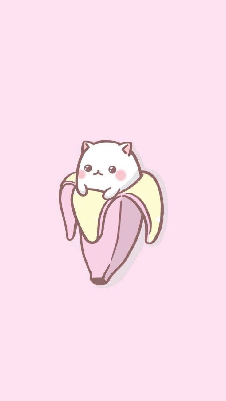white cat, rosy cheeks, pink and yellow banana peel, HD Phone Wallpaper