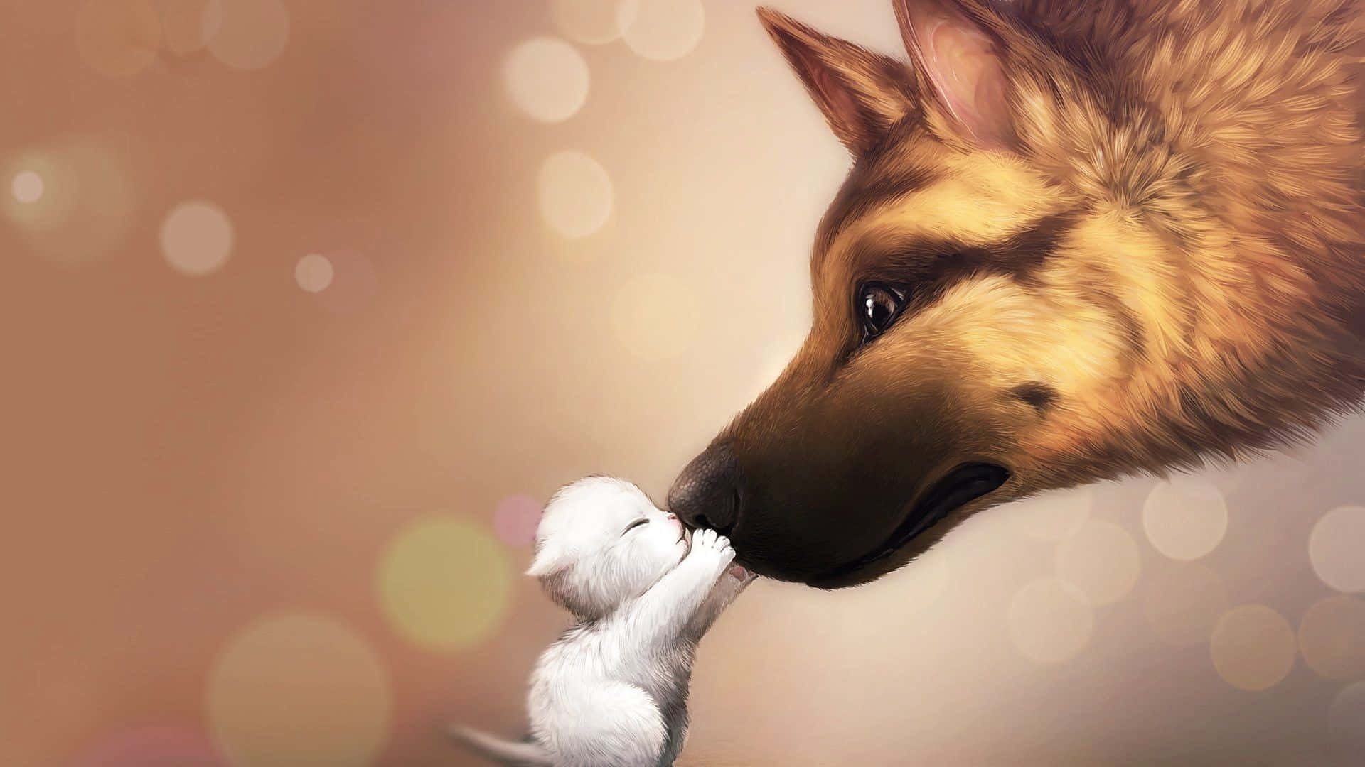 German Shepherd, tiny white kitten, soft bokeh background, Full HD Desktop Wallpaper
