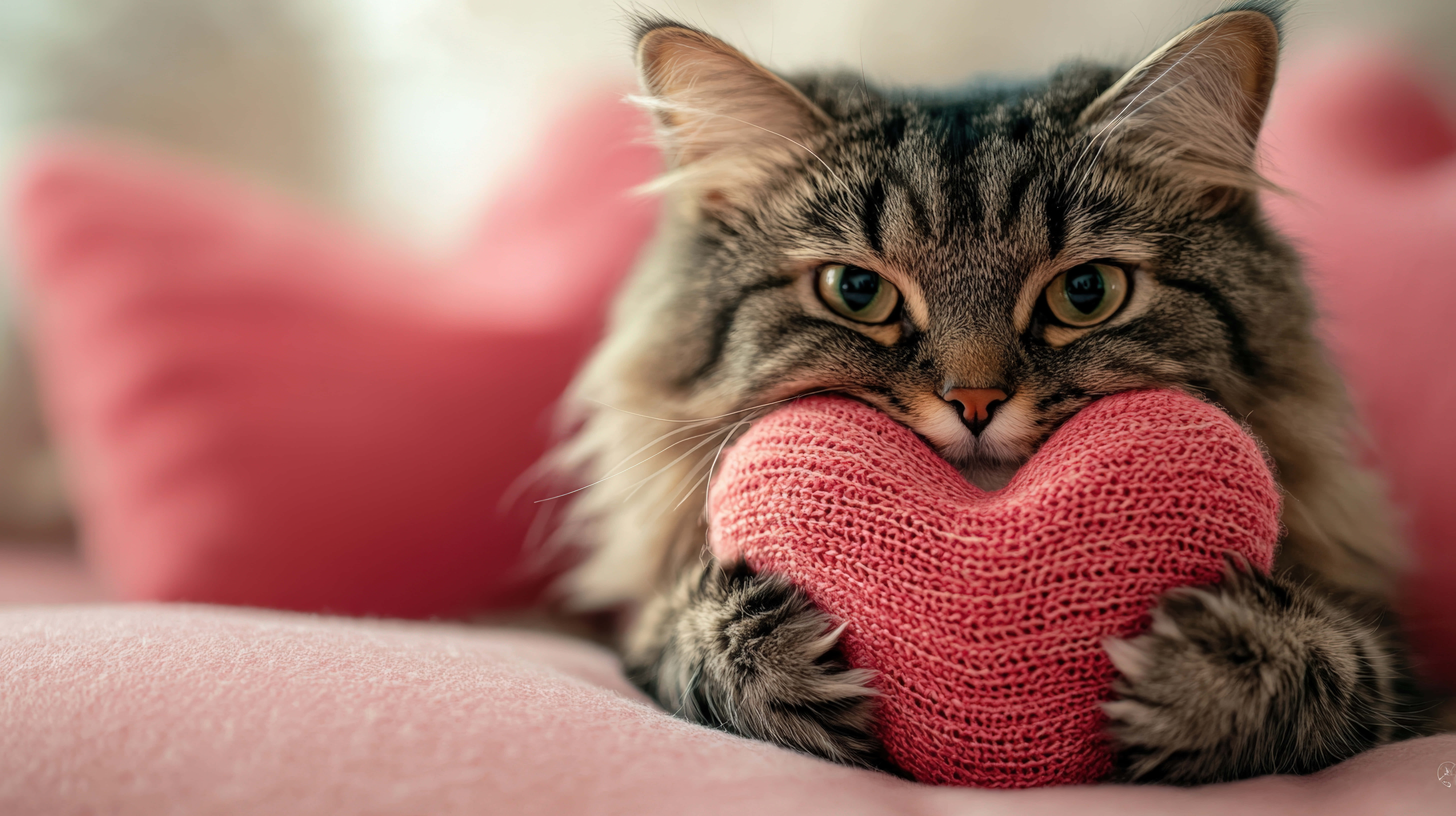 fluffy tabby cat, knitted pink heart pillow, soft pink cushions, 8K Desktop Wallpaper