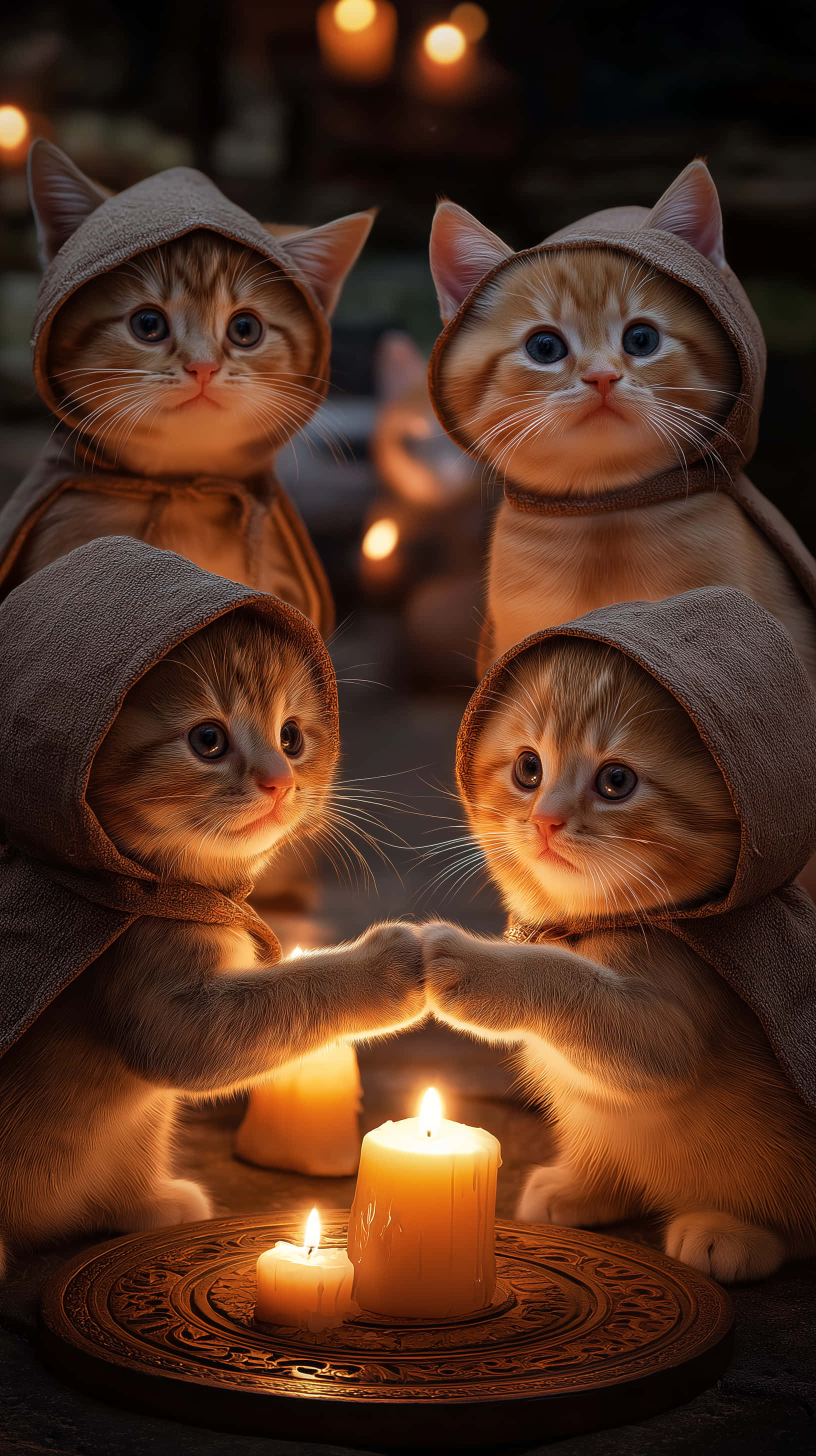 ginger kittens, brown hooded robes, glowing candles, 2K Phone Wallpaper