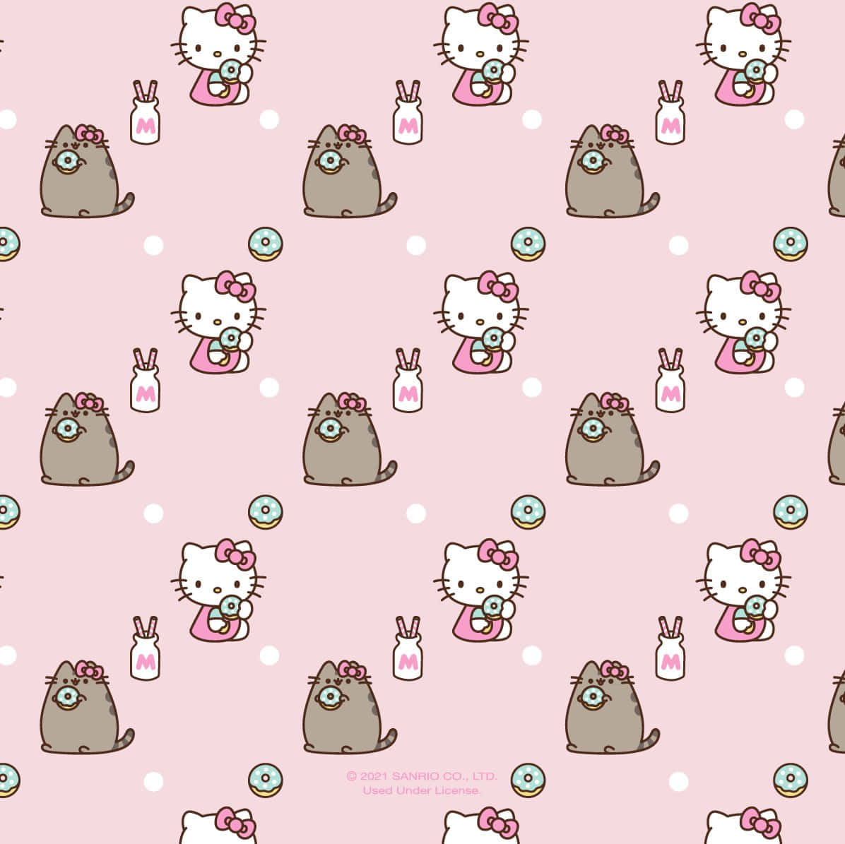 Kitty White, pink wallpaper, repeating cartoon cats, SD Desktop Wallpaper