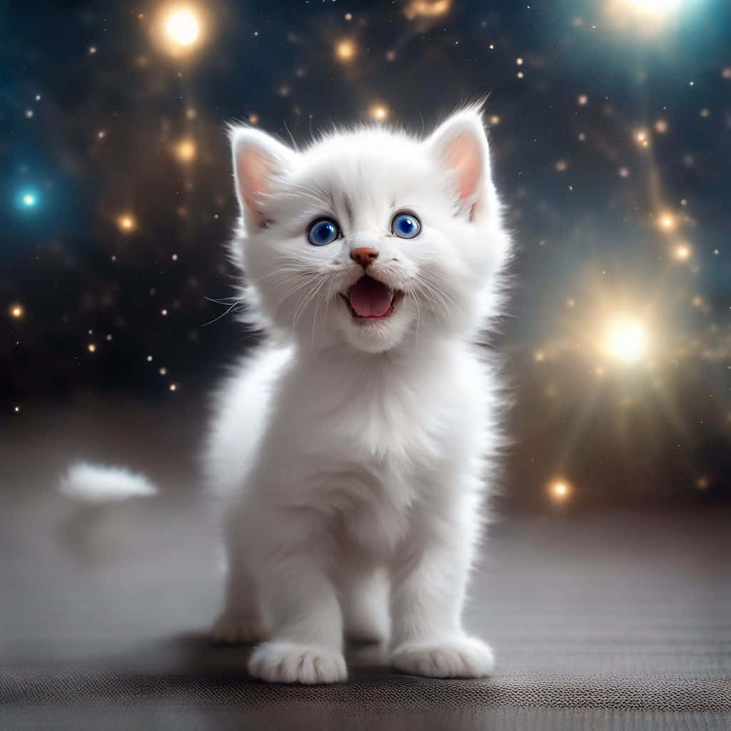 white kitten, bright blue eyes, sparkling cosmic background, SD Desktop Wallpaper