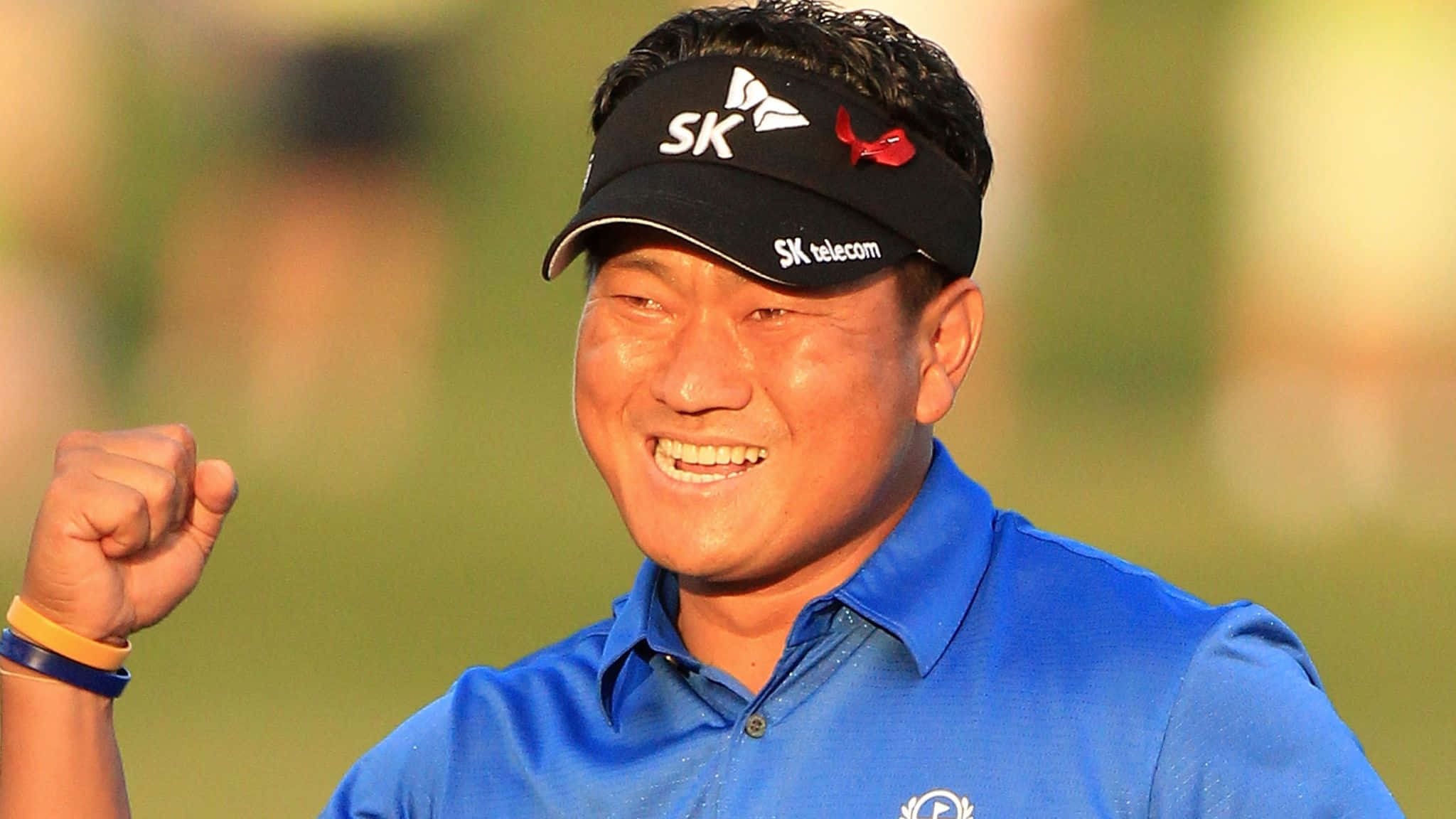Kj Choi, blue shirt, black visor, Full HD Desktop Wallpaper