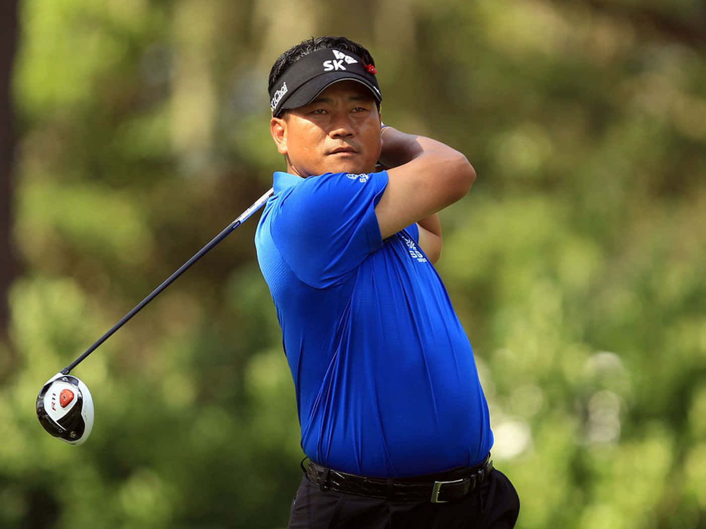 KJ Choi, golf swing stance, blue shirt, HD Desktop Wallpaper