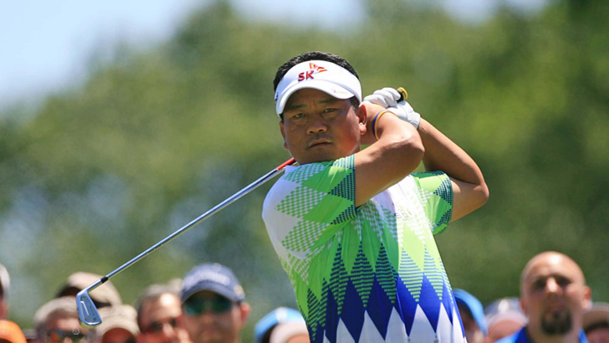 Kj Choi, golf club, vibrant green blue and white patterned shirt, Full HD Desktop Wallpaper