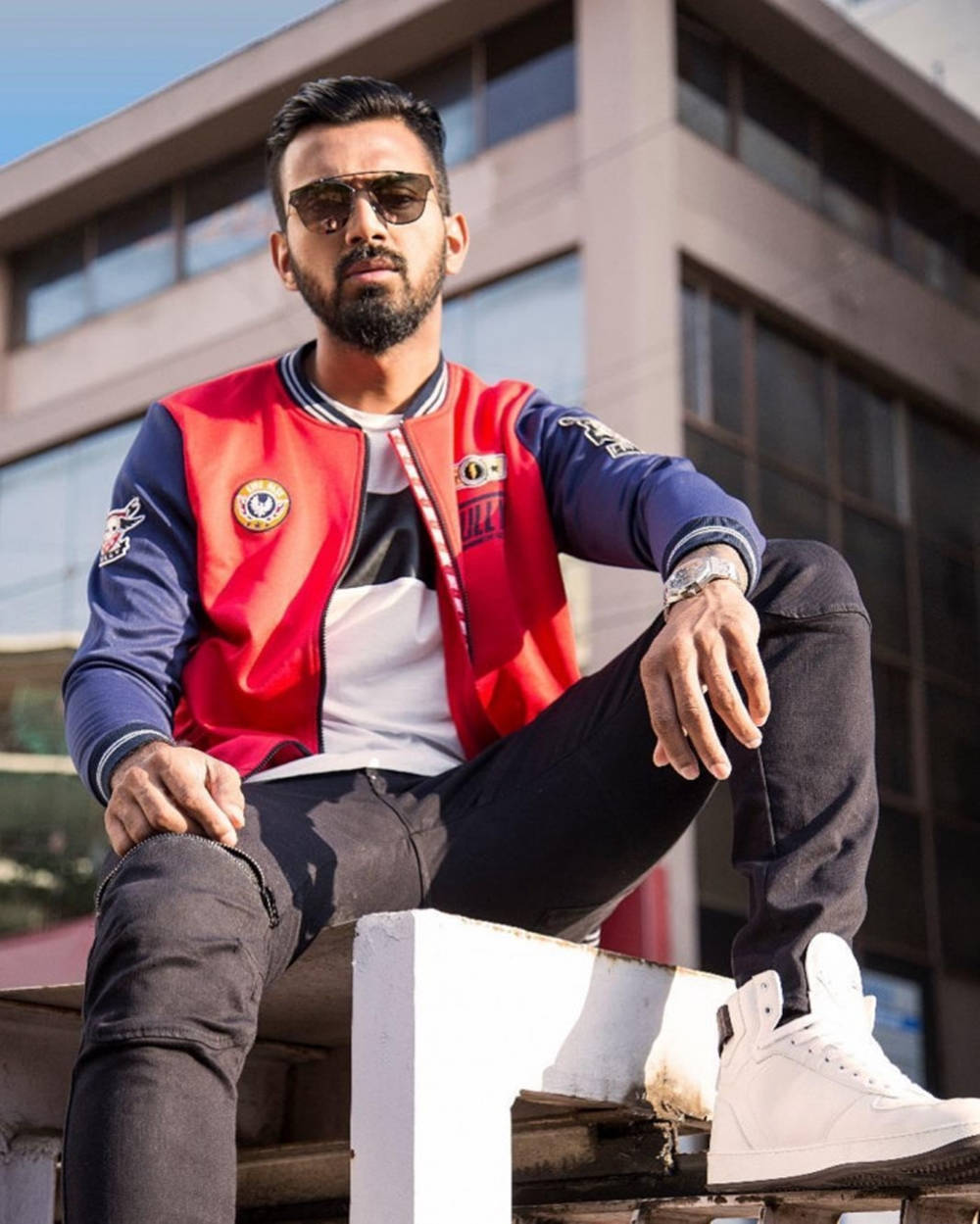 KL Rahul, red and blue varsity jacket, white sneakers, SD Phone Wallpaper