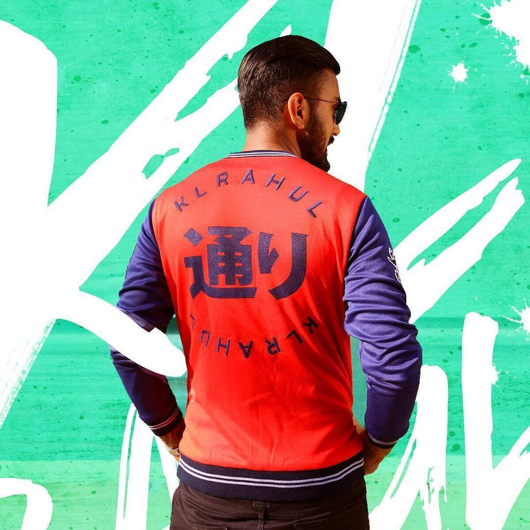 KL Rahul, red fitted varsity jacket, Japanese characters, SD Desktop Wallpaper