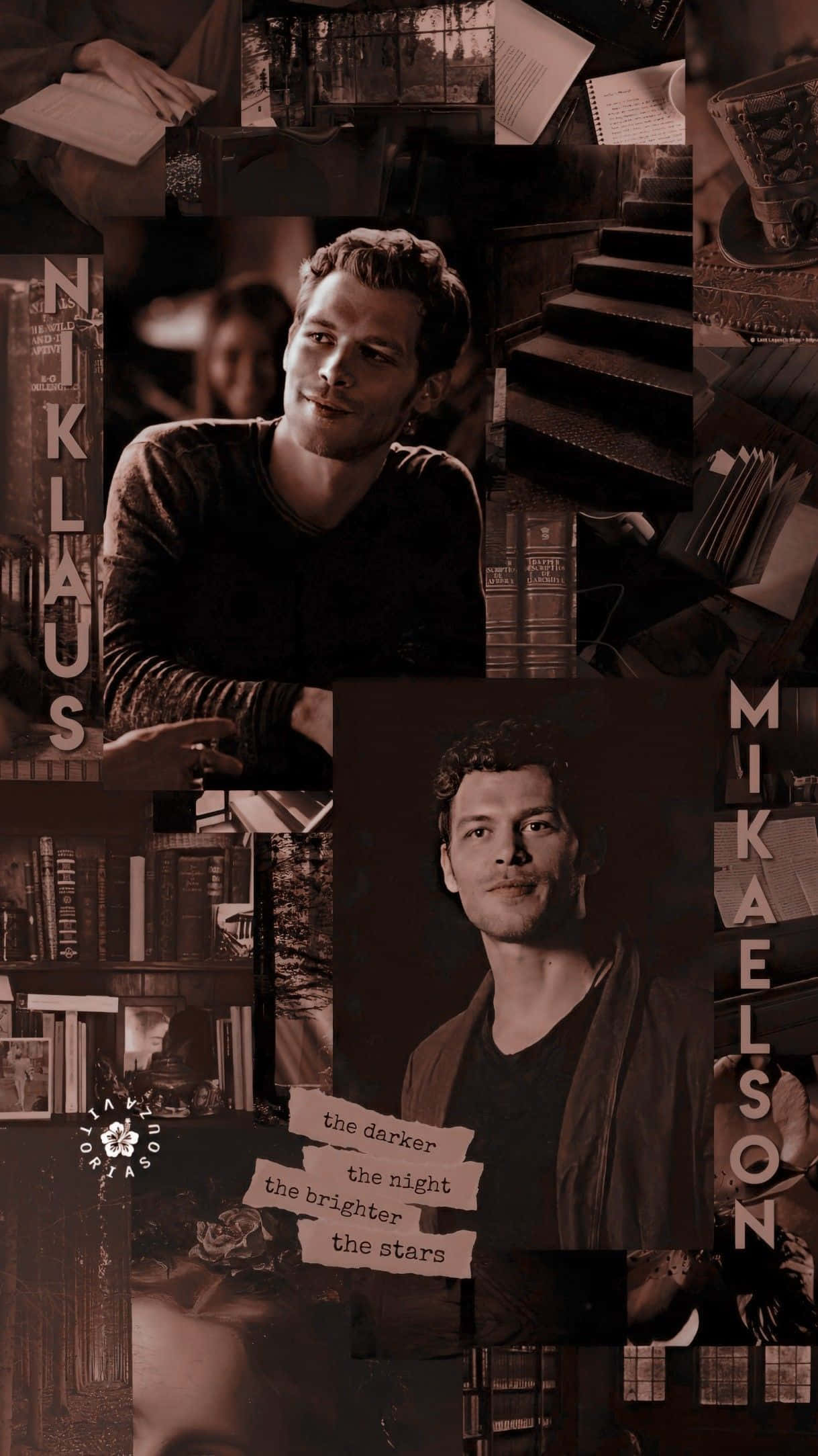 Klaus Mikaelson, sepia-toned, bookshelves, Full HD Phone Wallpaper