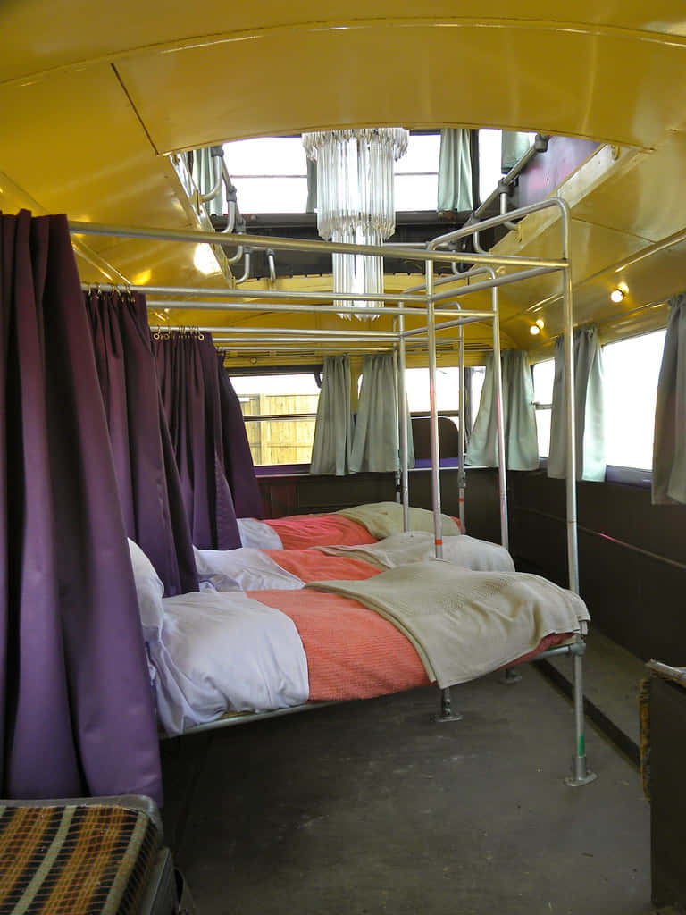Knight Bus, vintage train sleeper car, yellow ceiling, SD Phone Wallpaper