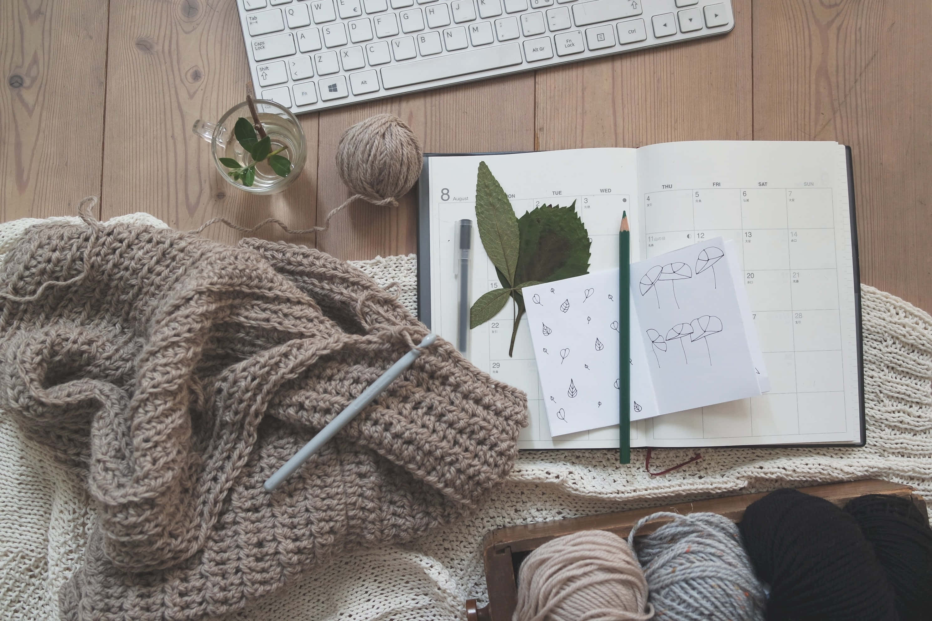 knitting essentials, wooden desk, knitted scarf, 2K Desktop Wallpaper