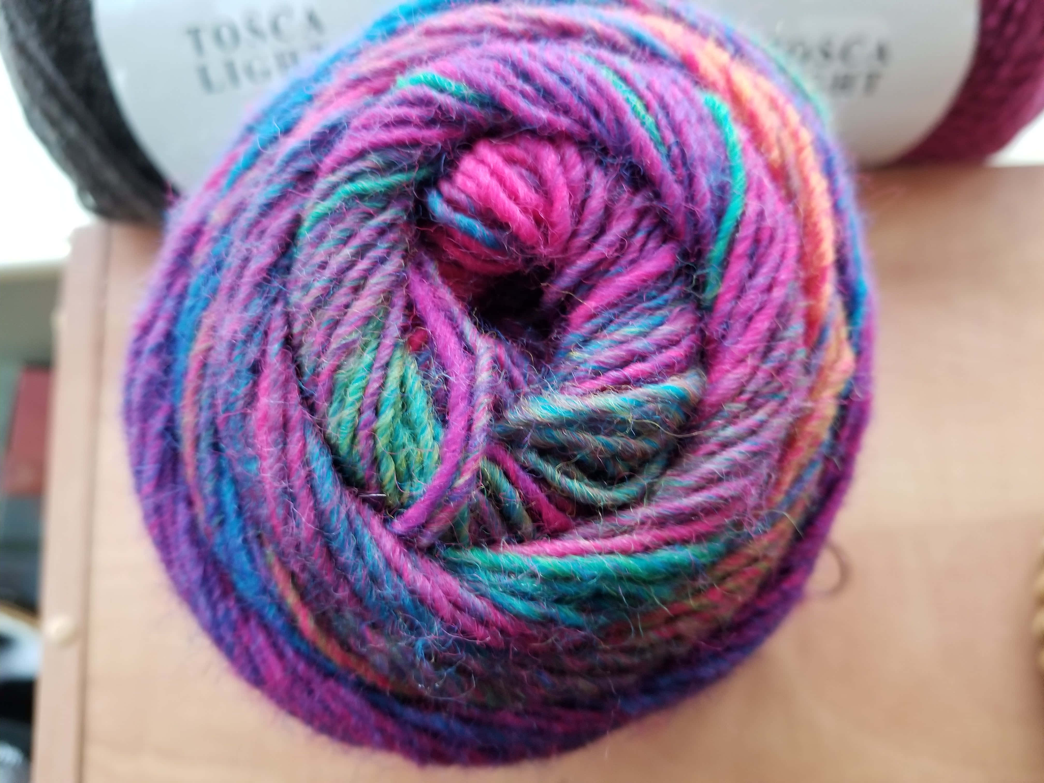 ball of knitting yarn, multicolored skein of yarn, shades of pink blue and teal, 4K Desktop Wallpaper