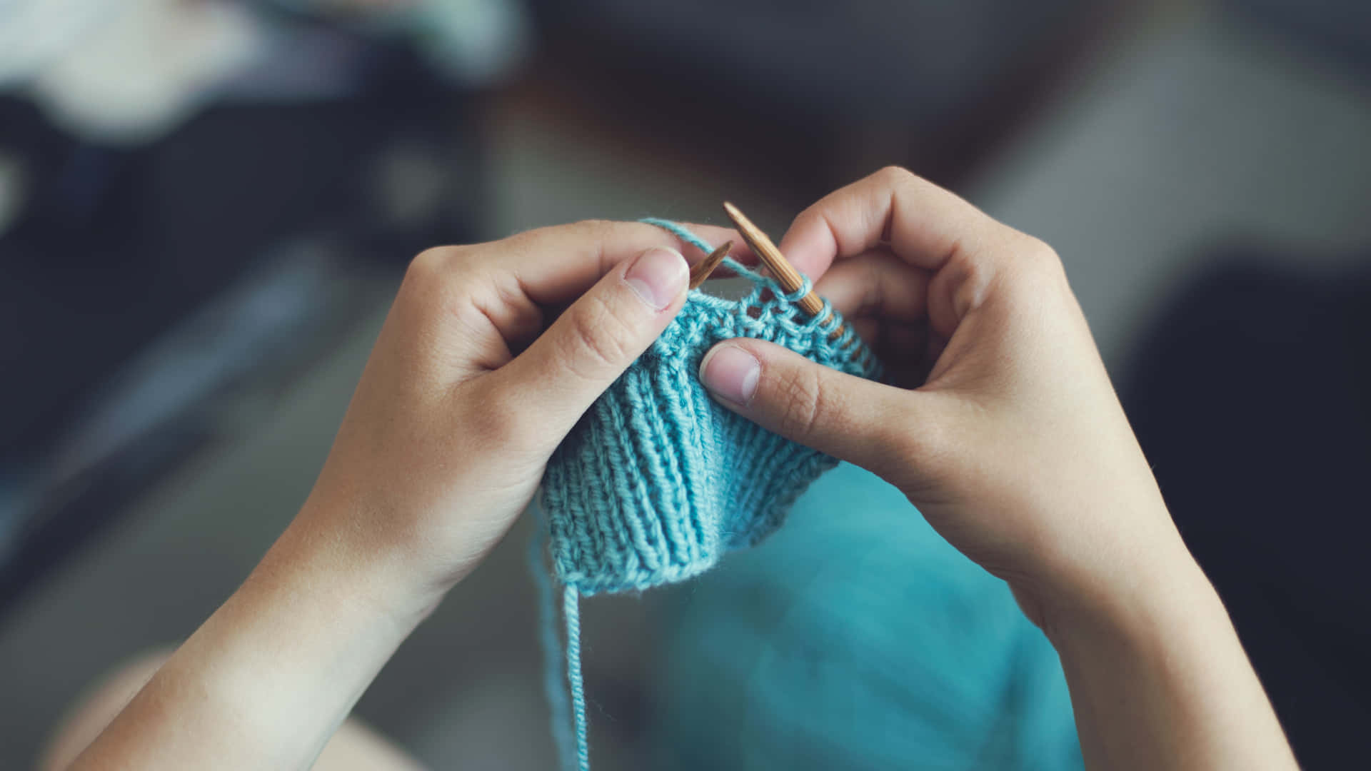 hands, knitting, teal fabric, Full HD Desktop Wallpaper