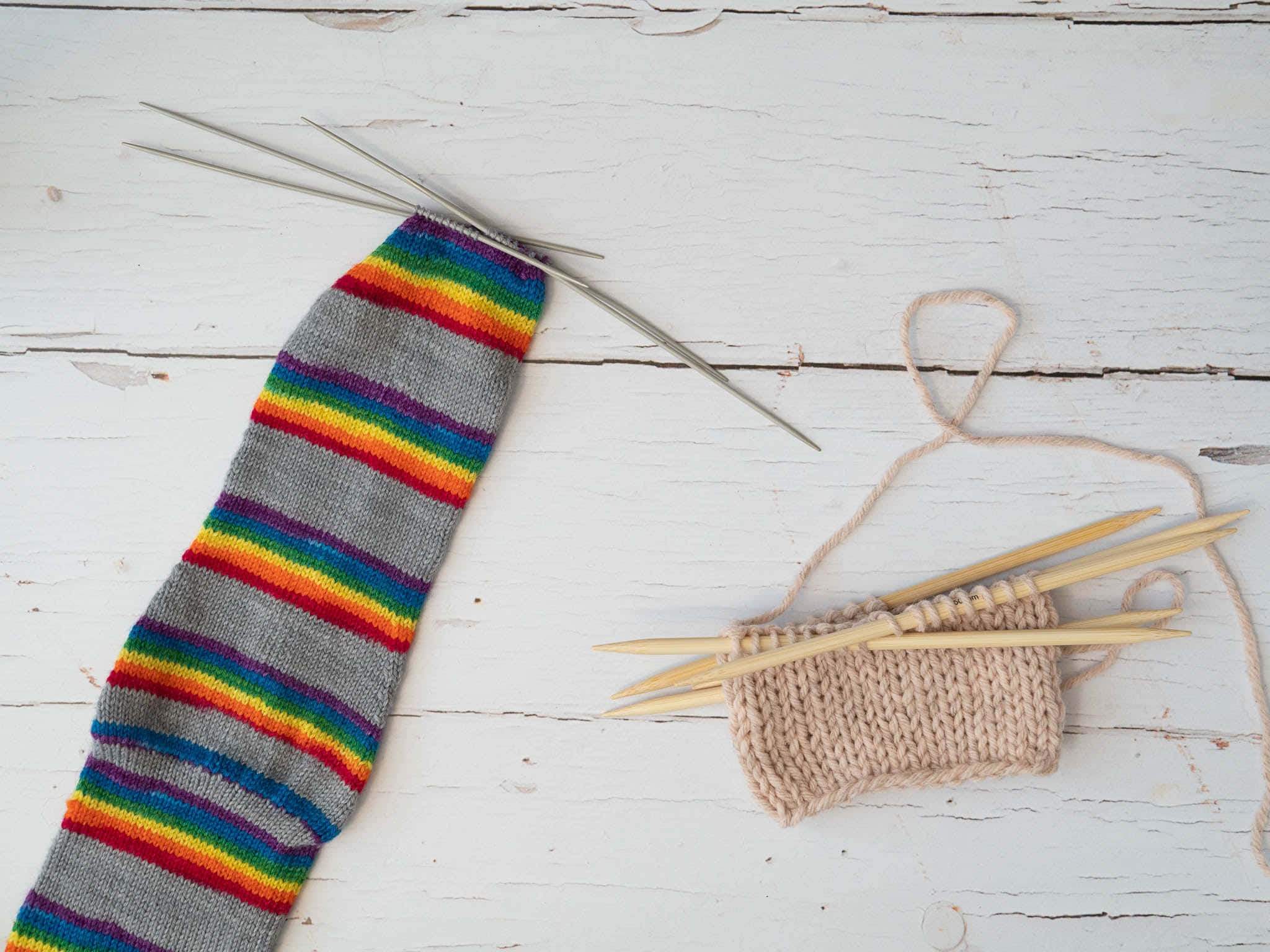 knitting needles, rainbow-striped sock, beige knitted swatch, Full HD Desktop Wallpaper