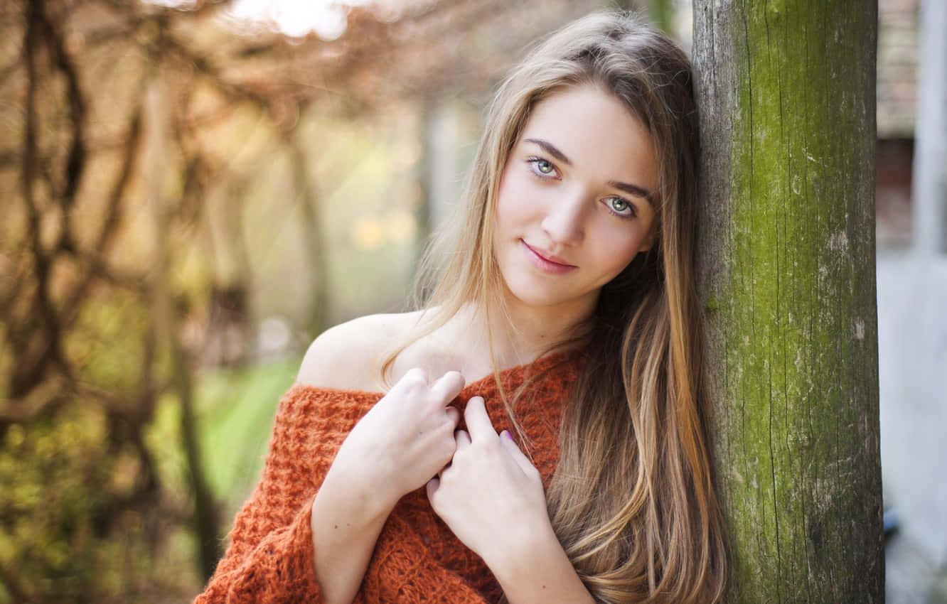 orange off shoulder knit sweater, mossy tree trunk, sunlit autumn forest, HD Desktop Wallpaper
