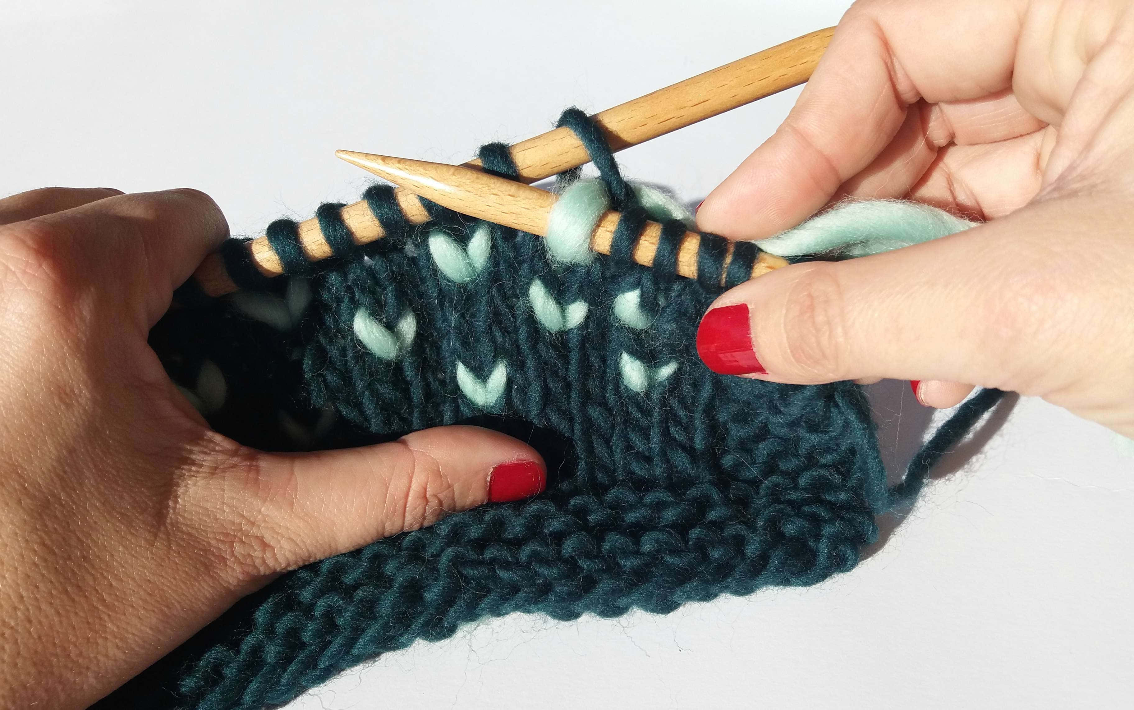 dark green yarn, wooden needles, textured dark teal and mint green fabric, 2K Desktop Wallpaper