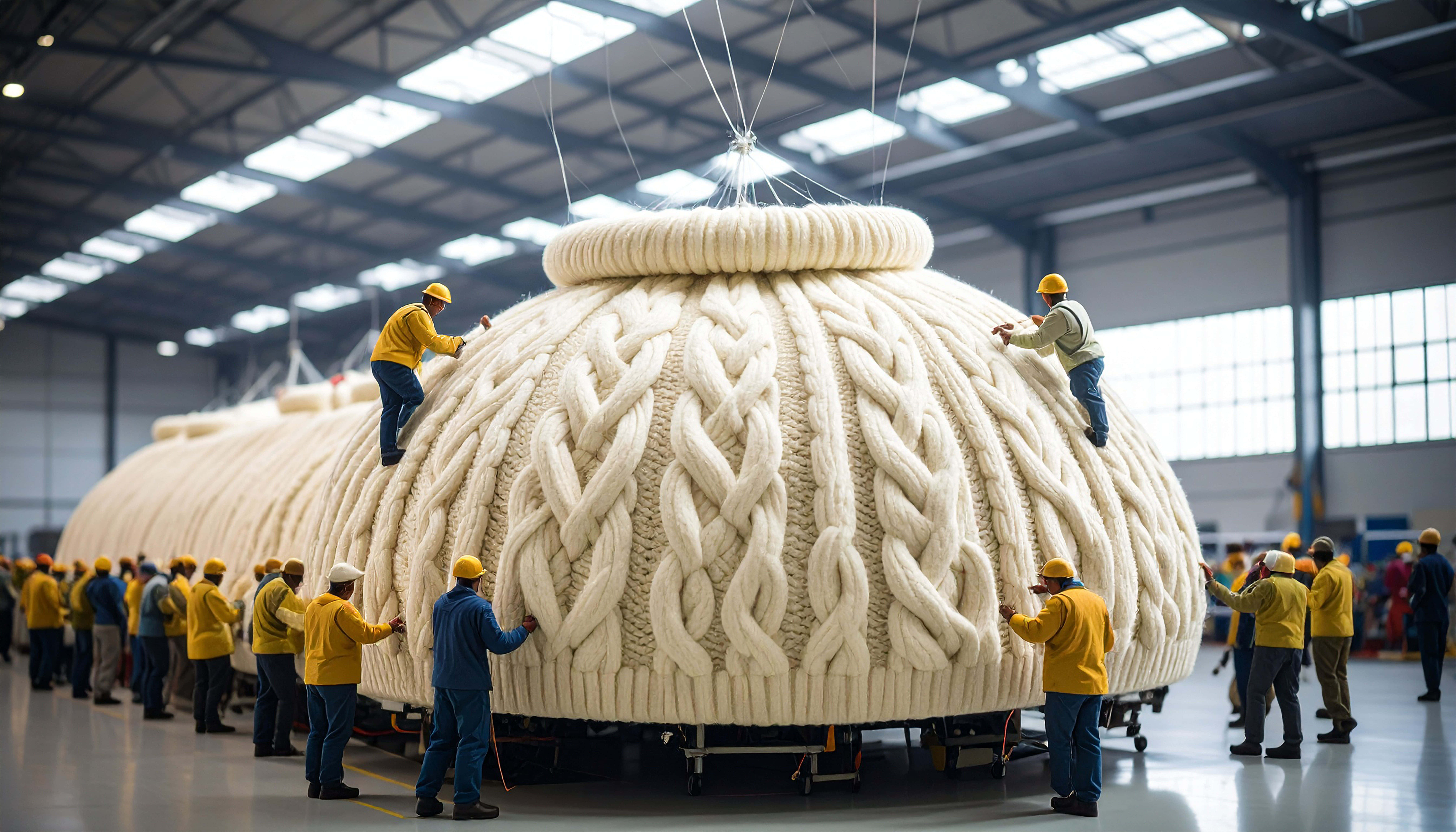 giant cream-colored cable-knit sweater, yellow hard hats, factory, 8K Desktop Wallpaper