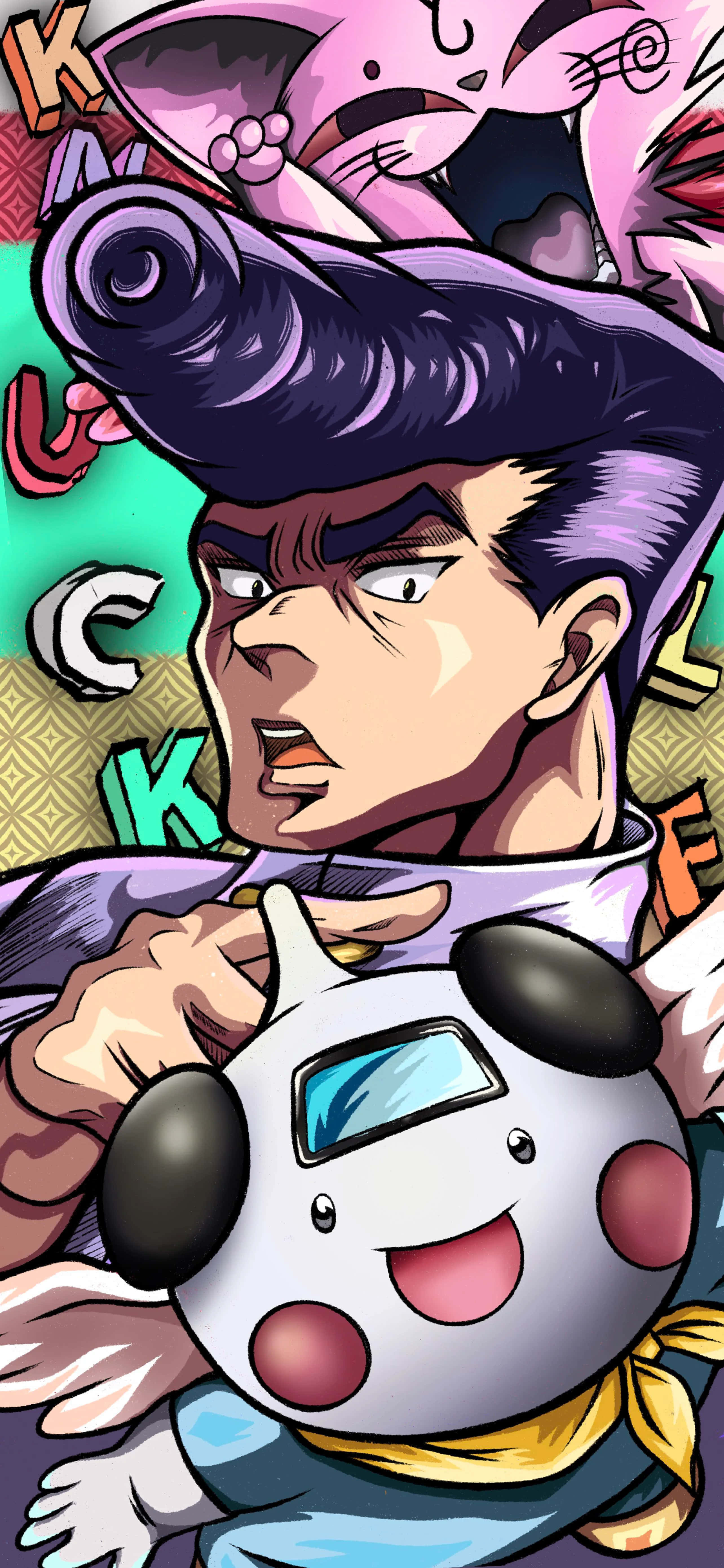 Knuckle Bine, purple mohawk, smiling robot companion, 5K Phone Wallpaper