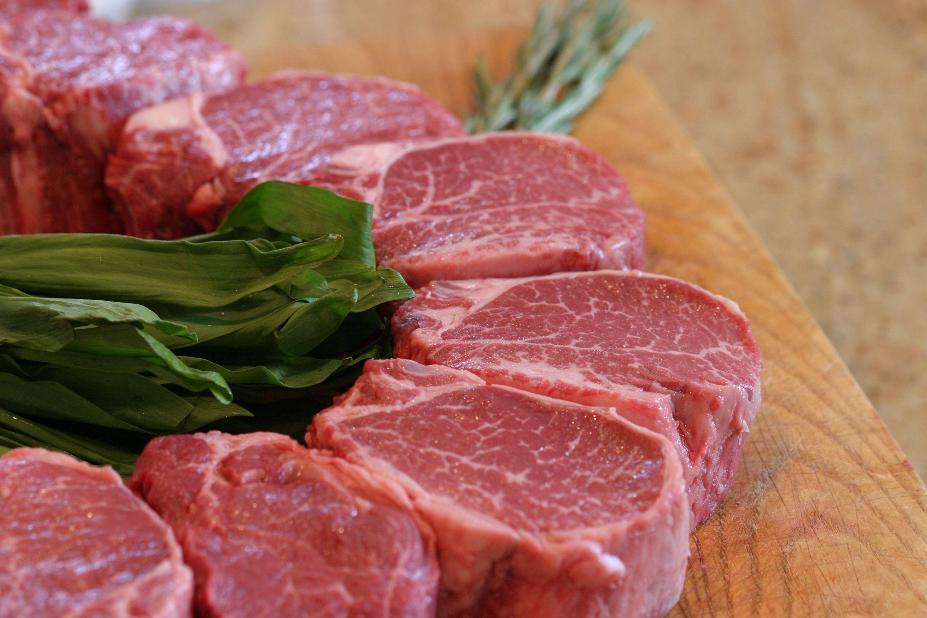 Kobe Beef, fresh raw beef steaks, green herbs, 2K Desktop Wallpaper