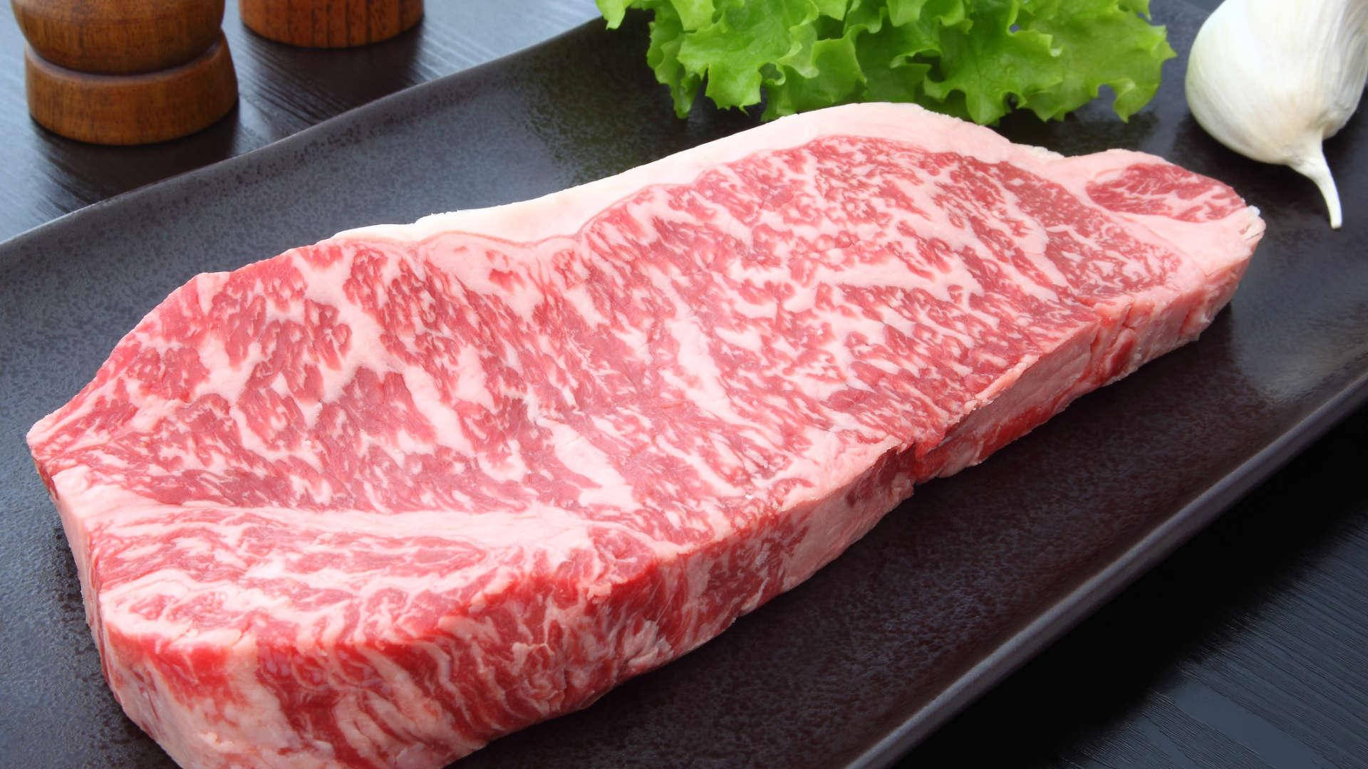 Kobe Beef, rectangular plate, juicy marbled beef steak, Full HD Desktop Wallpaper