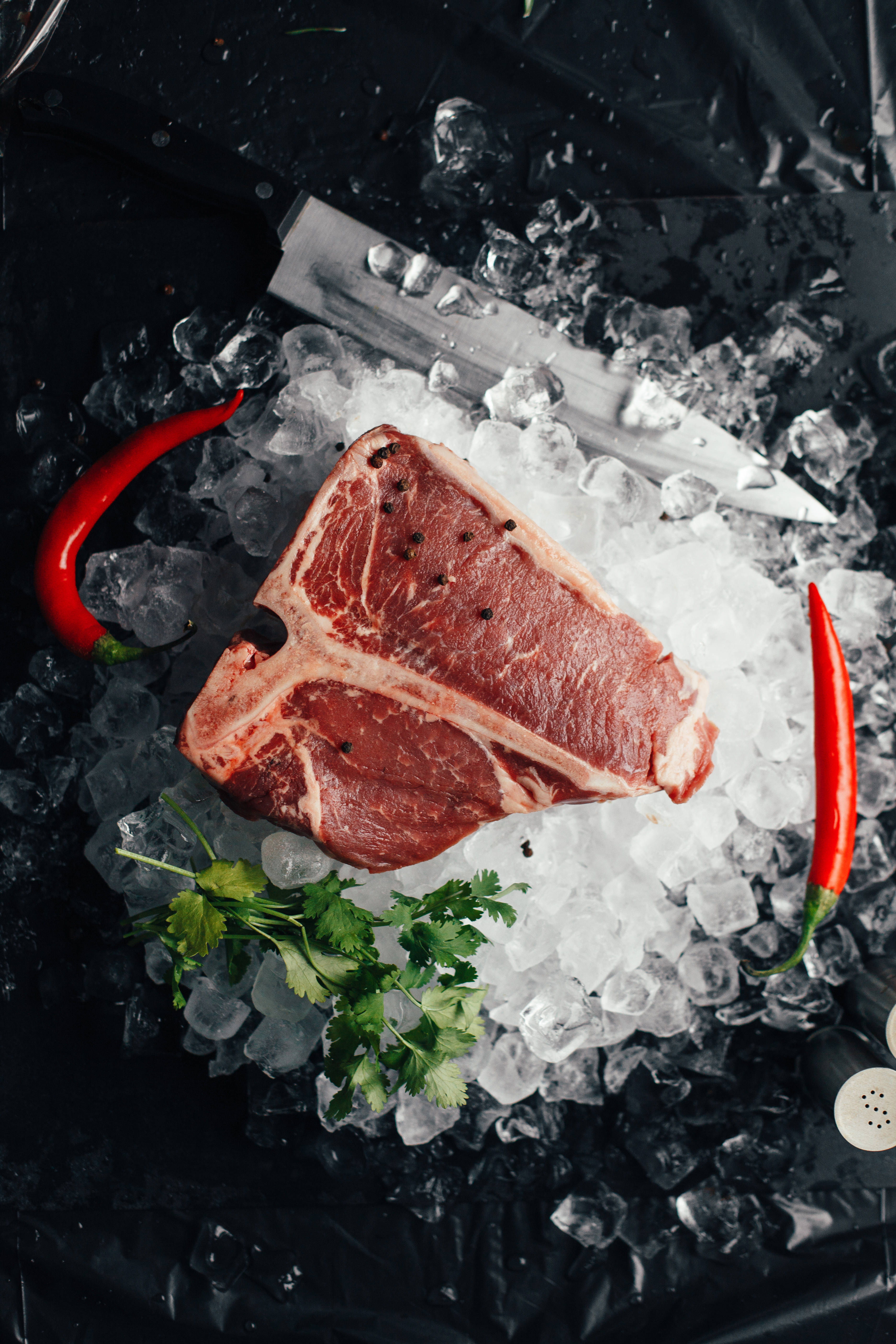 Kobe Beef, T-bone steak, crushed ice, 5K Phone Wallpaper