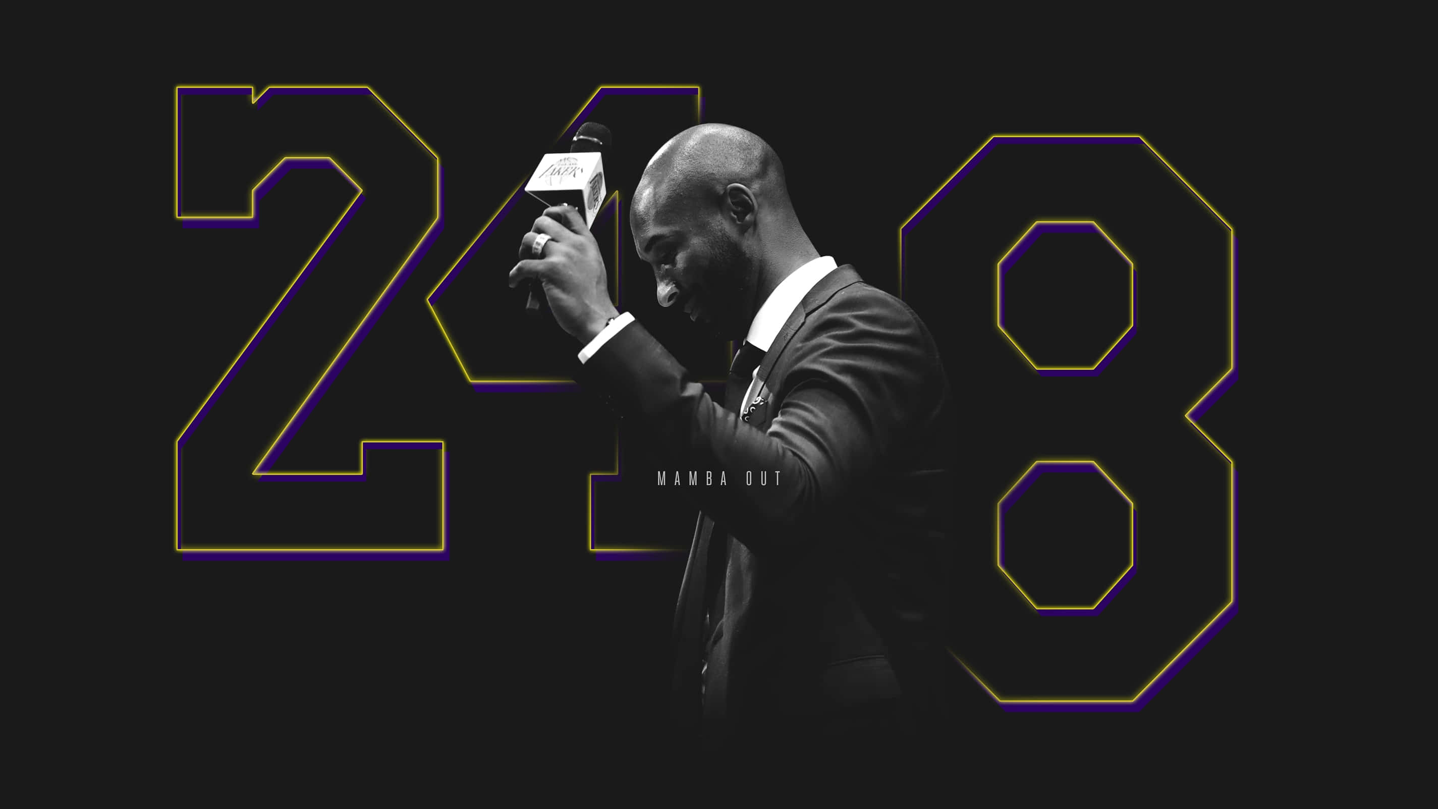 Kobe Bryant 24 Logo, black and white portrait, microphone, 2K Desktop Wallpaper