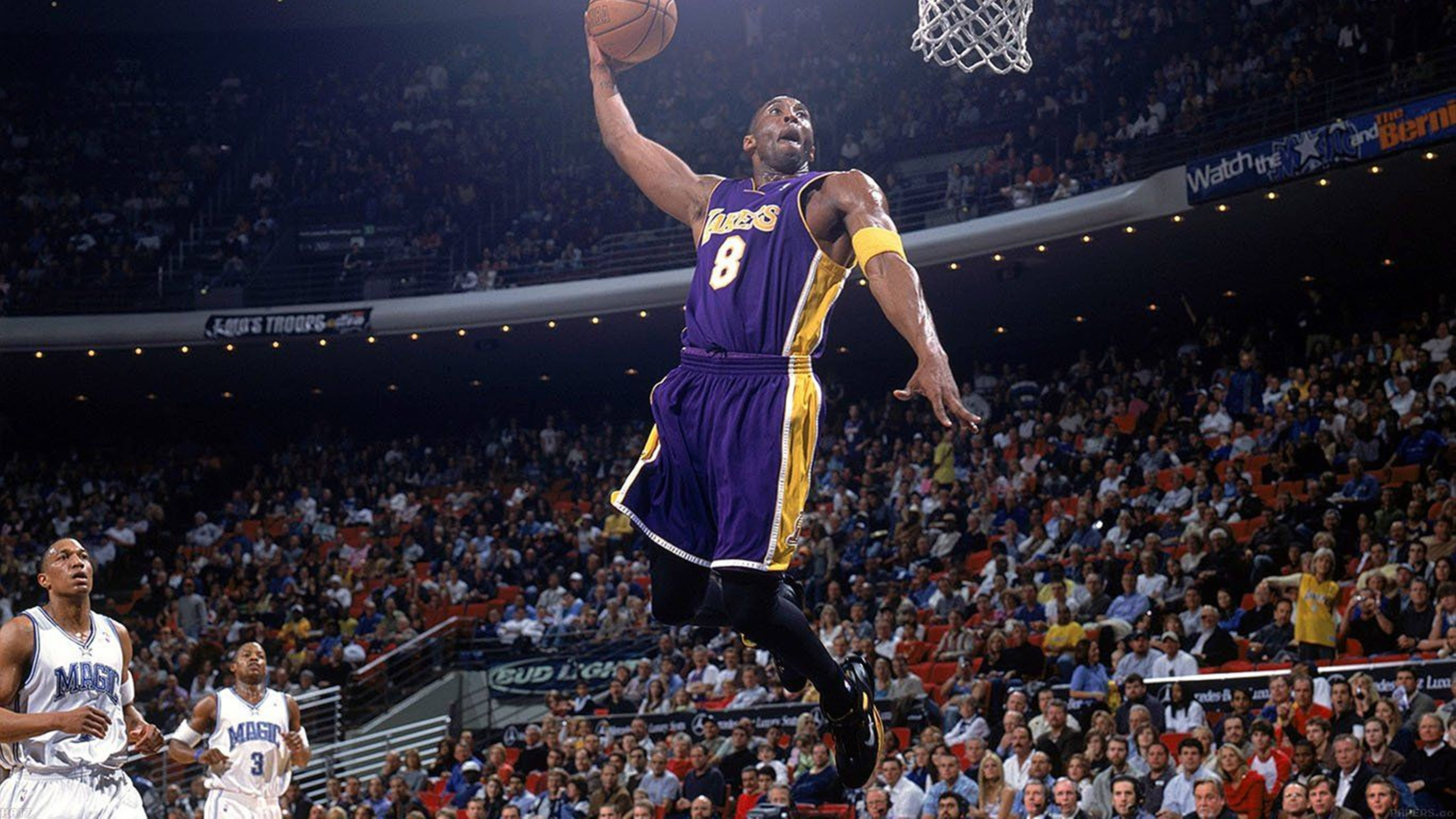 Kobe Bryant, purple Lakers jersey, dunking a basketball, 5K Desktop Wallpaper