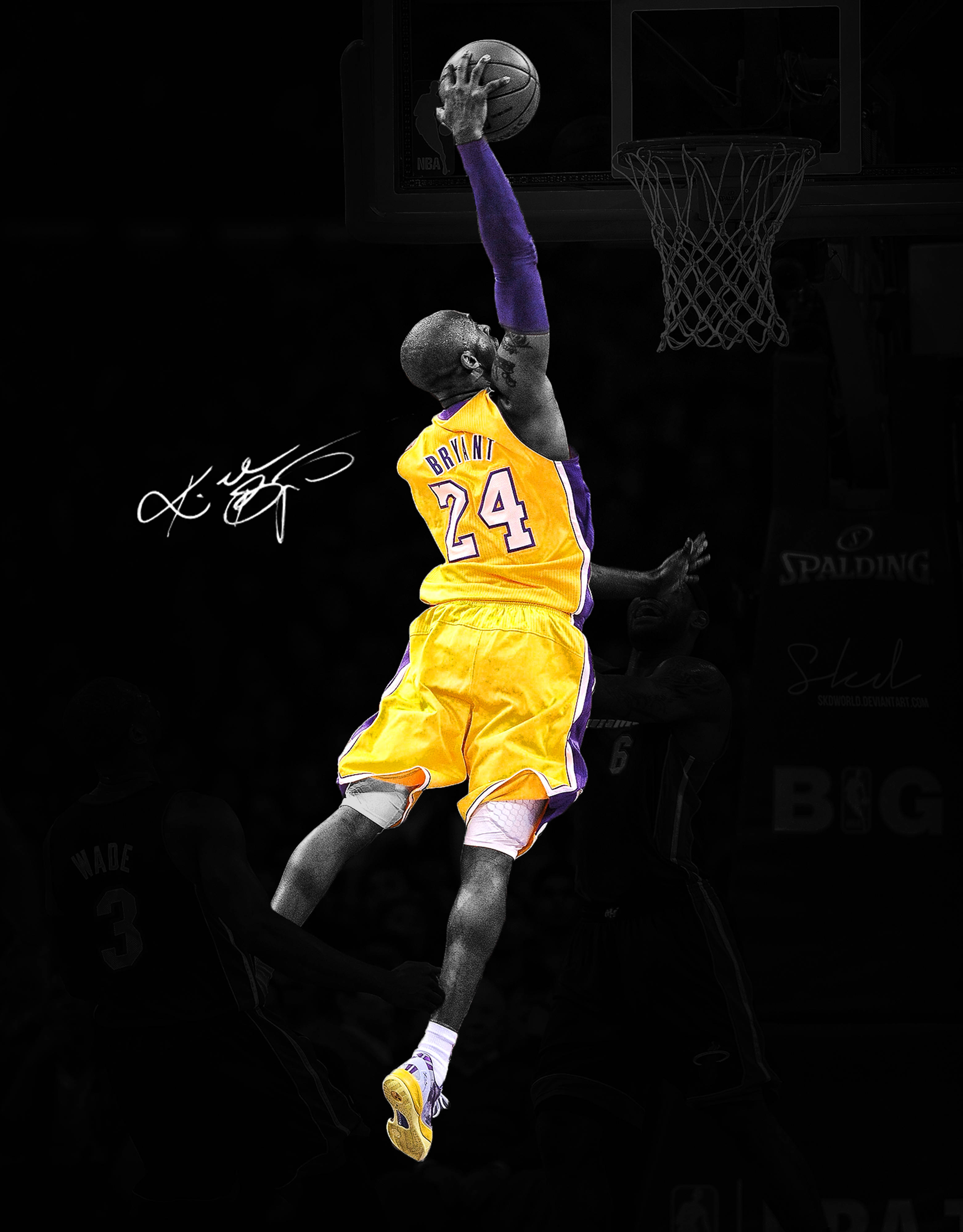 Kobe Bryant, yellow 24 jersey, dunks the ball, 4K Phone Wallpaper