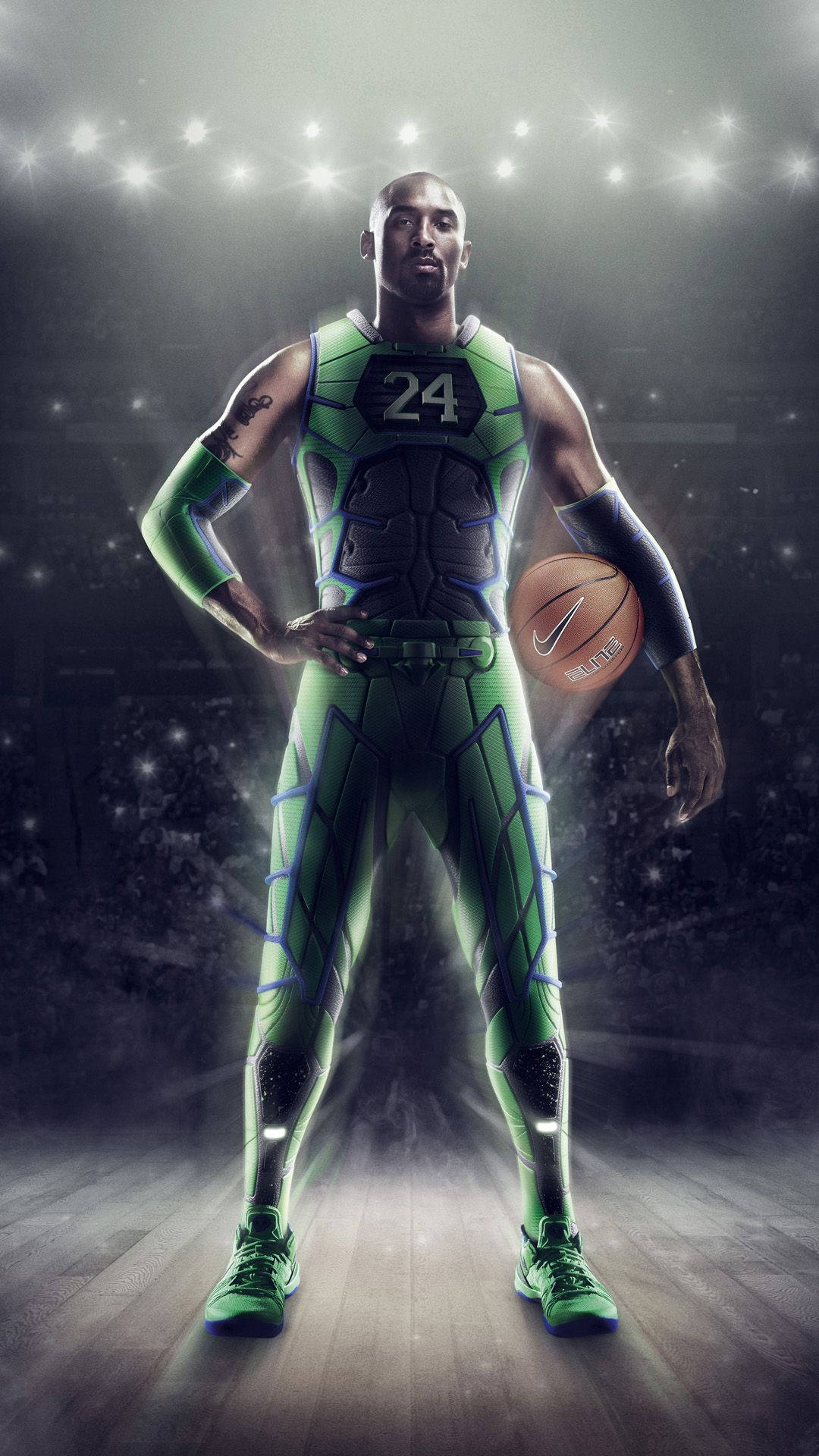 Kobe Bryant, green suit, futuristic basketball uniform, Full HD Phone Wallpaper