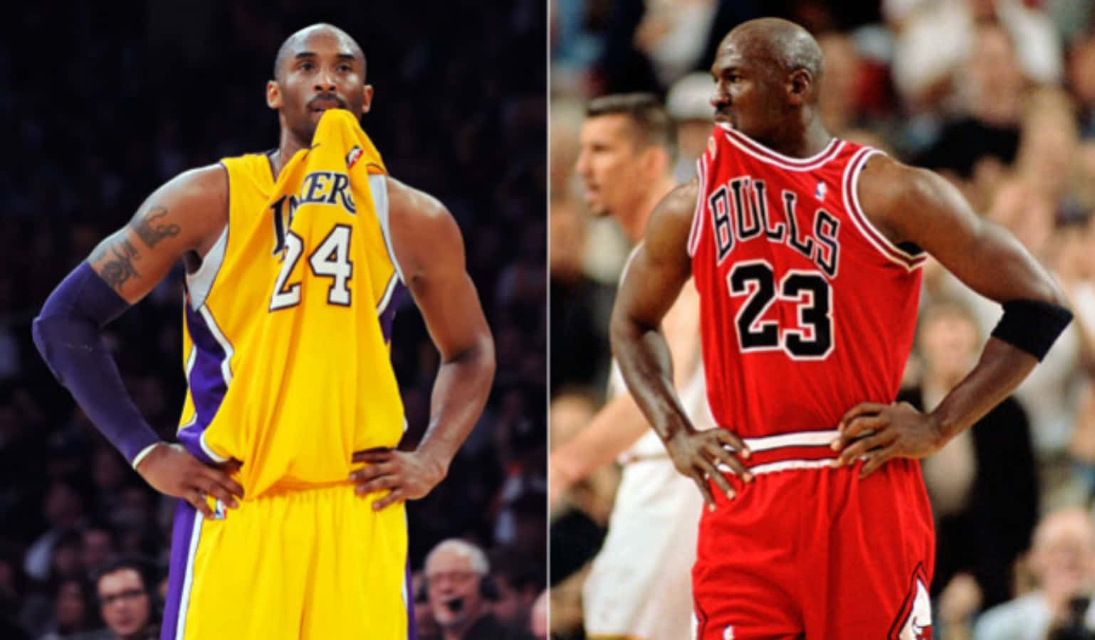Kobe Bryant, Michael Jordan, yellow Lakers jersey, HD Desktop Wallpaper