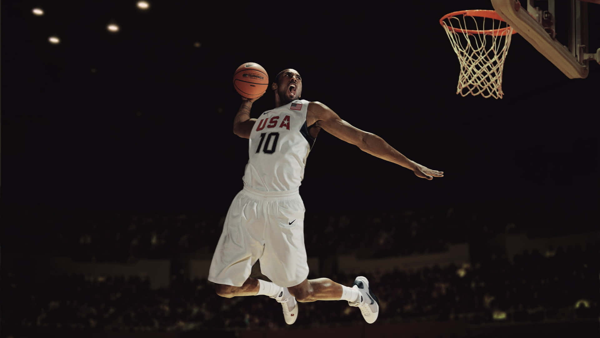 Kobe Bryant, white USA jersey, dunk the ball, Full HD Desktop Wallpaper