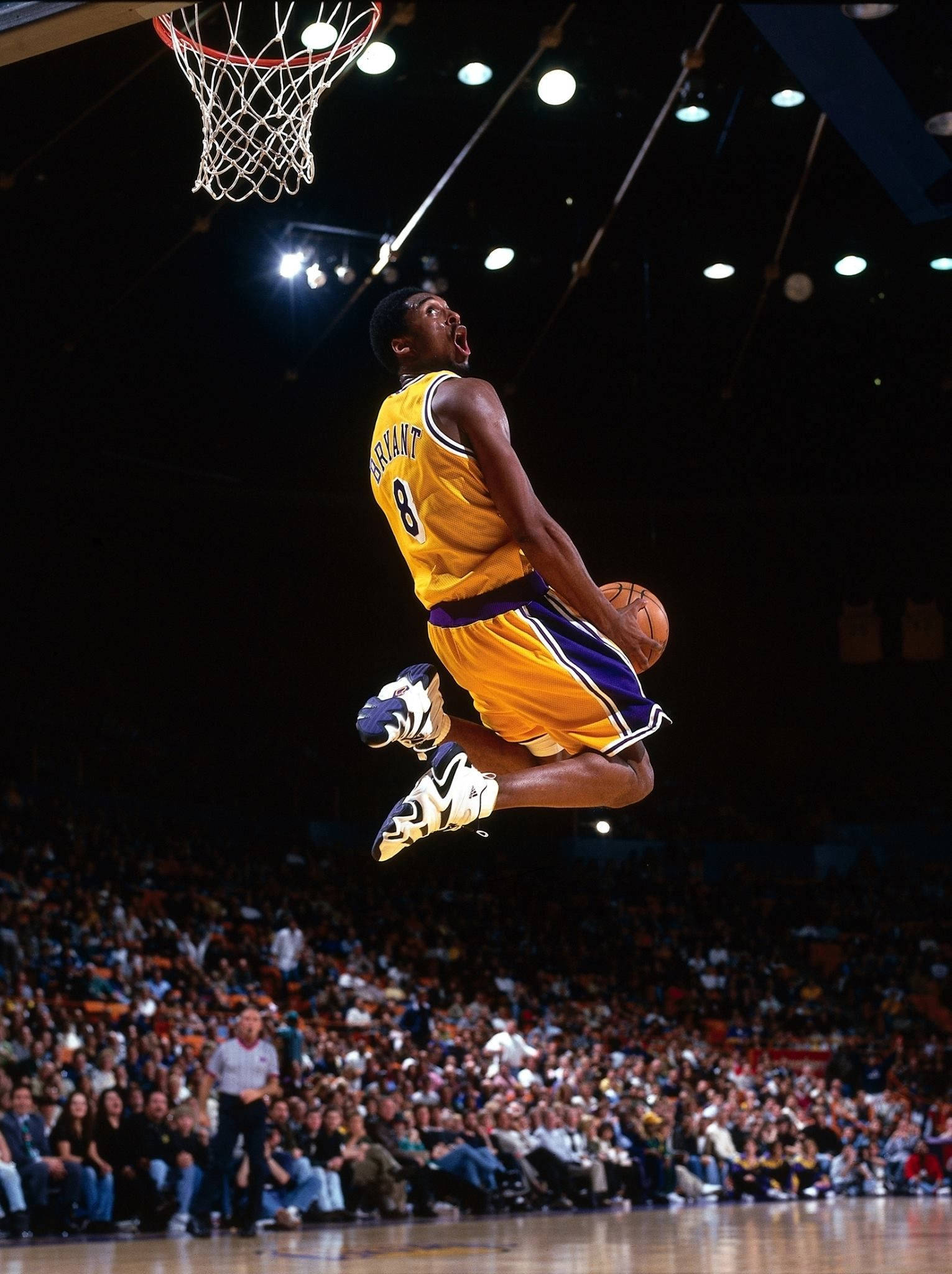 Kobe Bryant, yellow jersey, mid-jump, Full HD Phone Wallpaper
