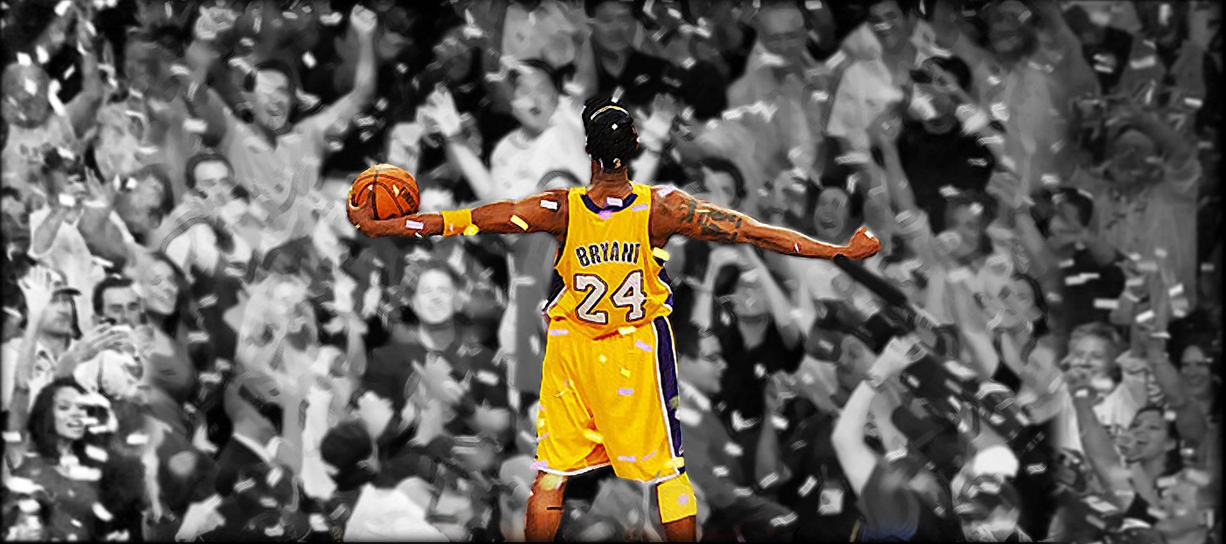 Kobe Bryant, yellow 24 jersey, confetti, Full HD Desktop Wallpaper