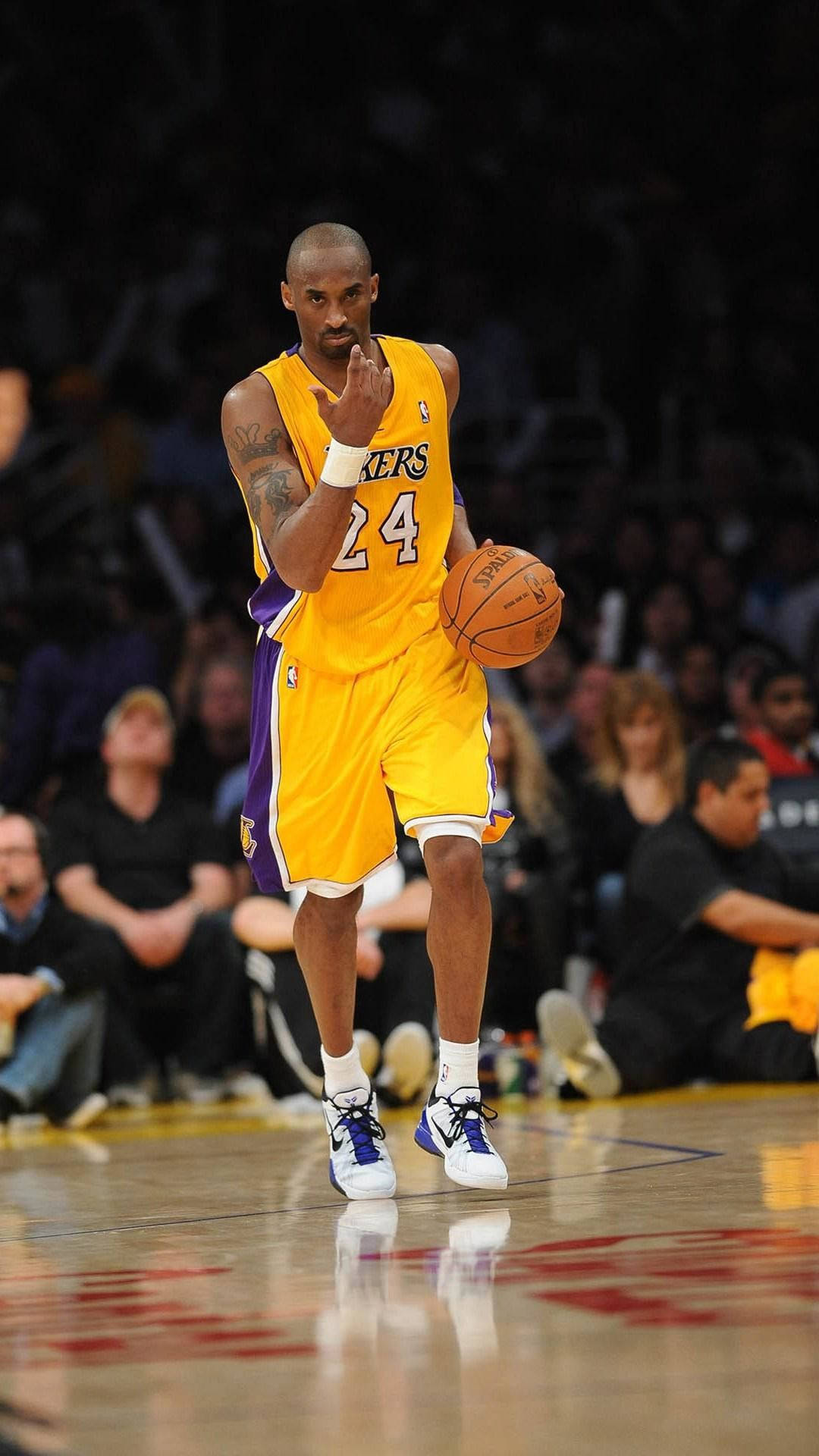 Kobe Bryant, yellow Lakers jersey, dribbling basketball, Full HD Phone Wallpaper