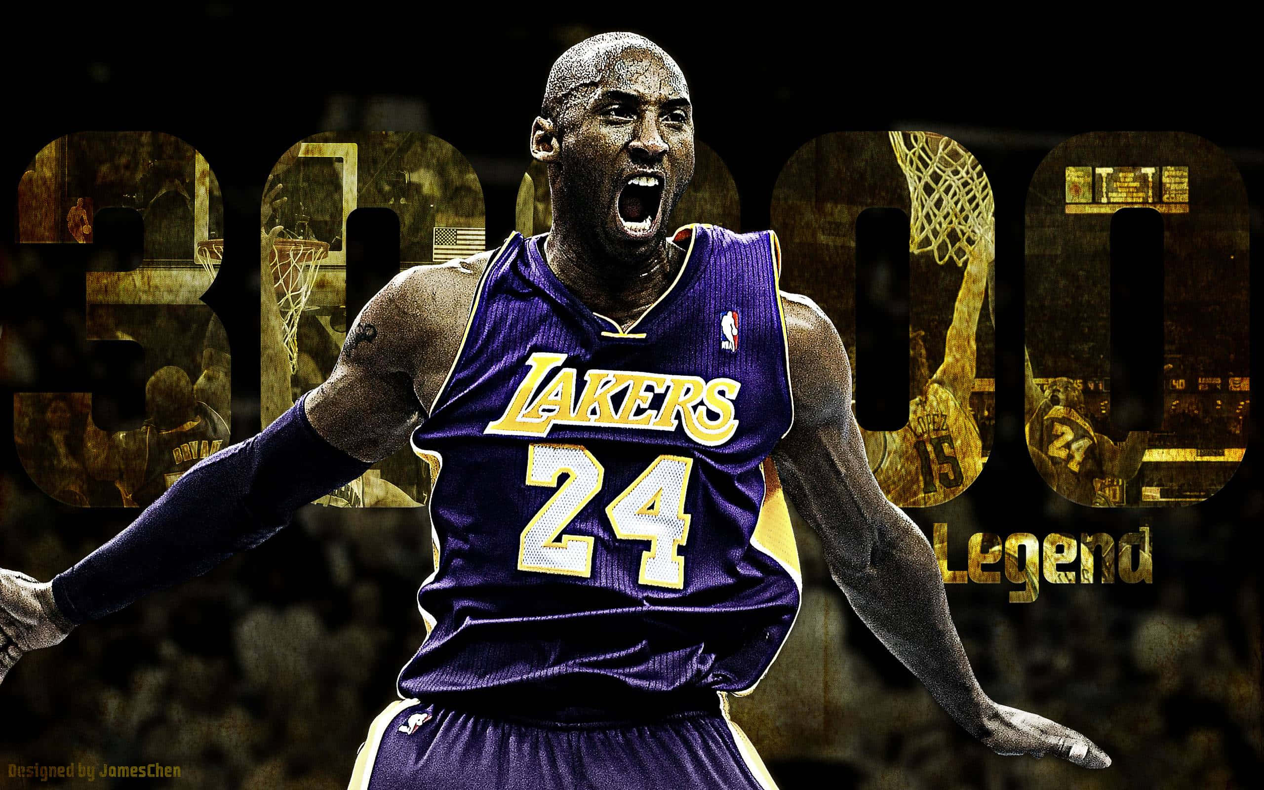 Kobe Bryant, purple Lakers jersey number 24, golden '30000' and 'Legend' text, 2K Desktop Wallpaper