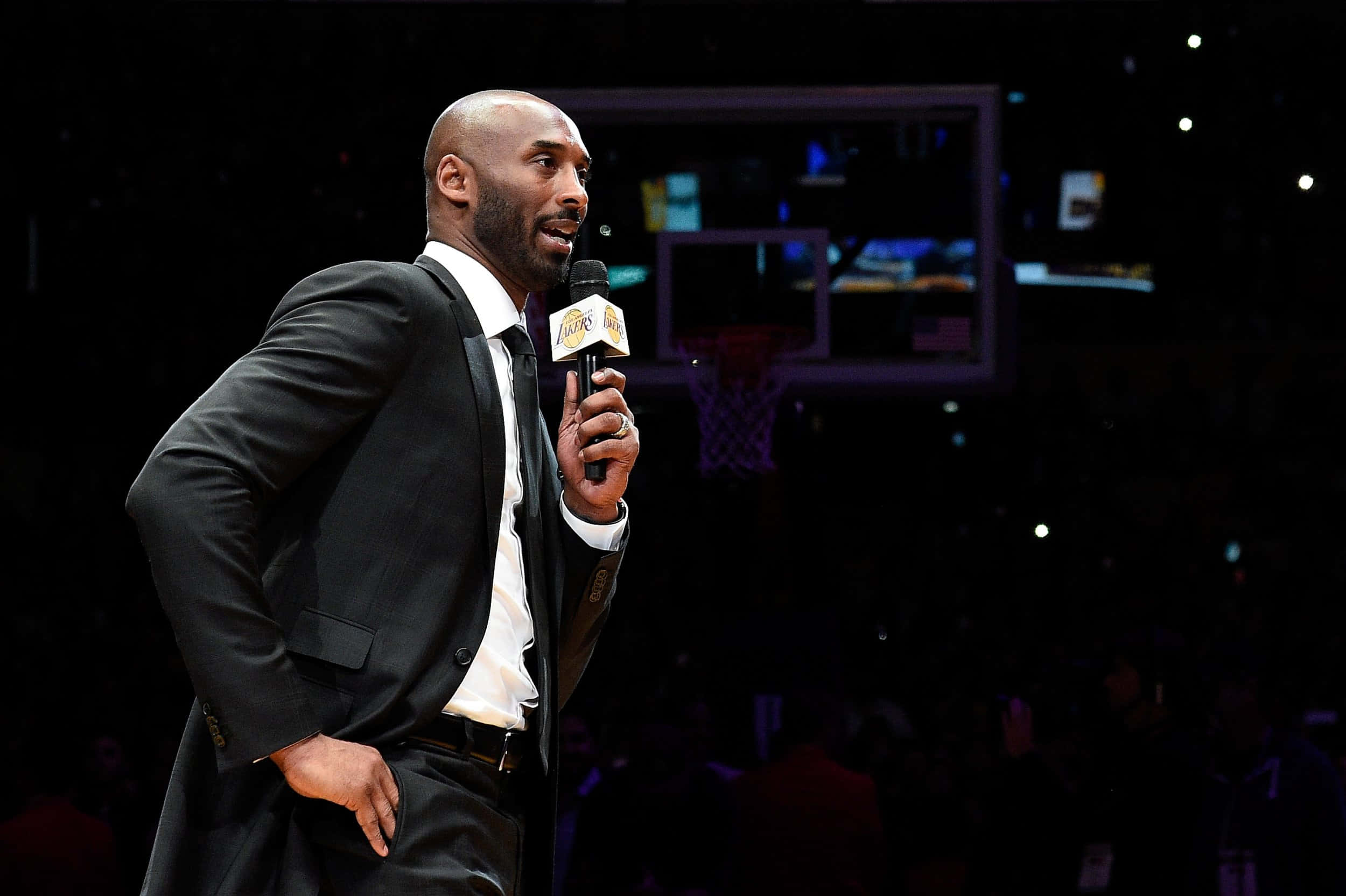 Kobe Bryant, black suit, microphone, Full HD Desktop Wallpaper