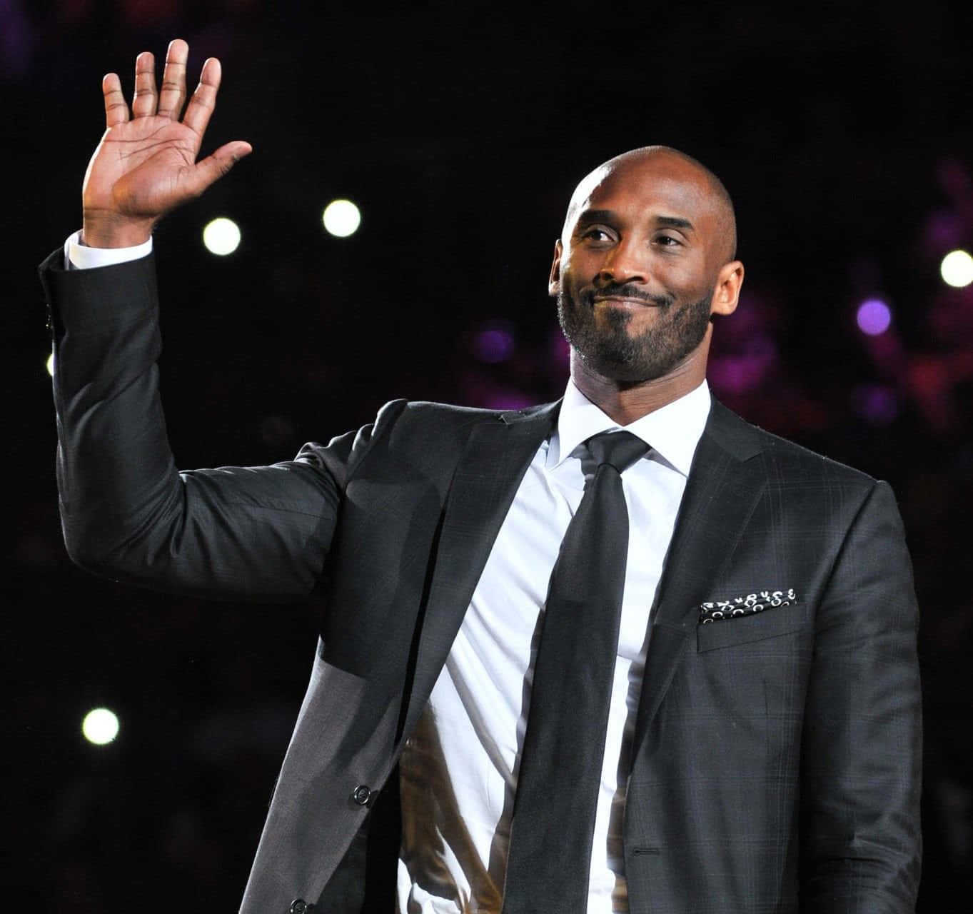 Kobe Bryant, black suit, stadium backdrop, HD Desktop Wallpaper