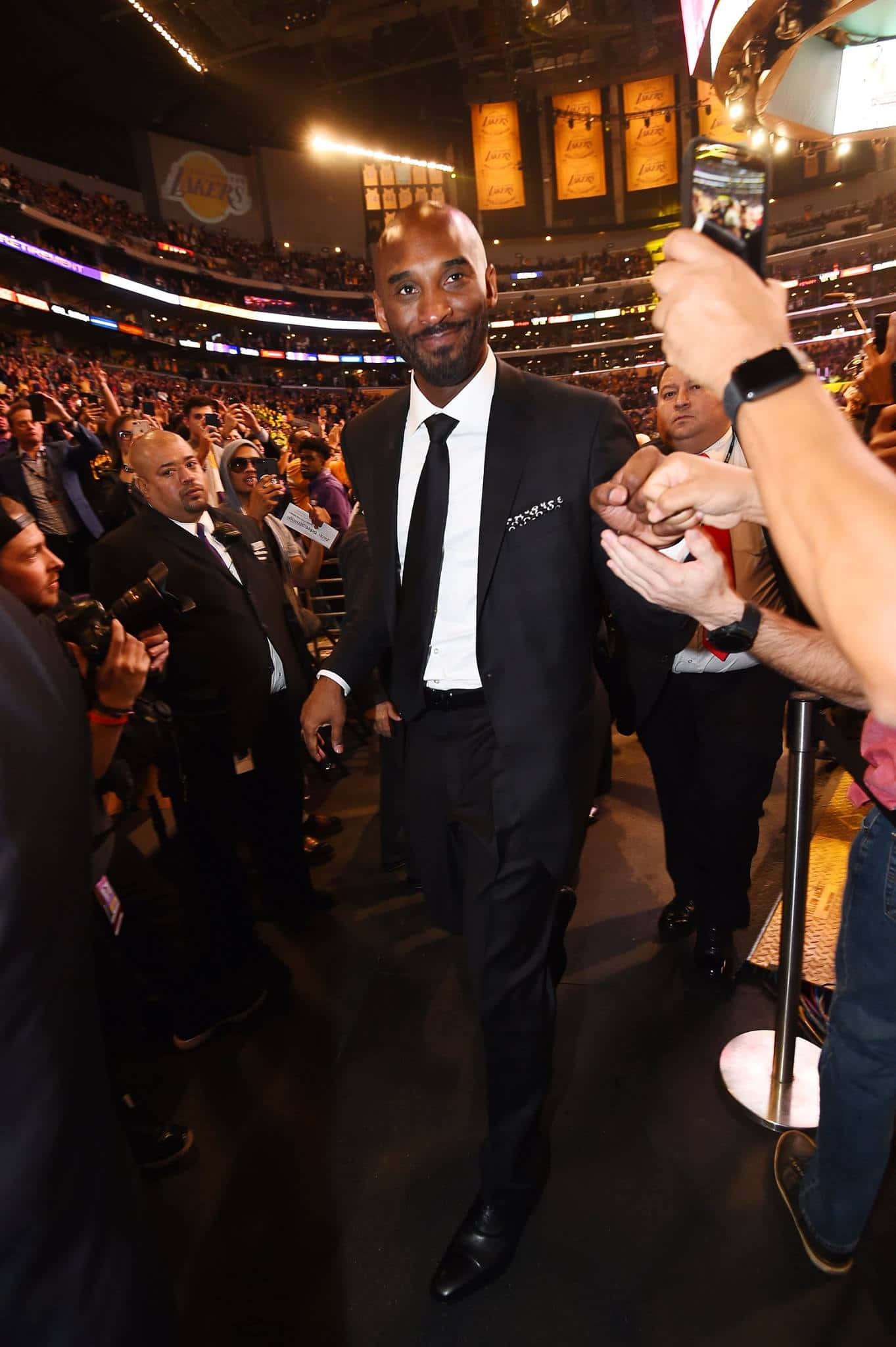 Kobe Bryant, black suit, crowded arena, Full HD Phone Wallpaper