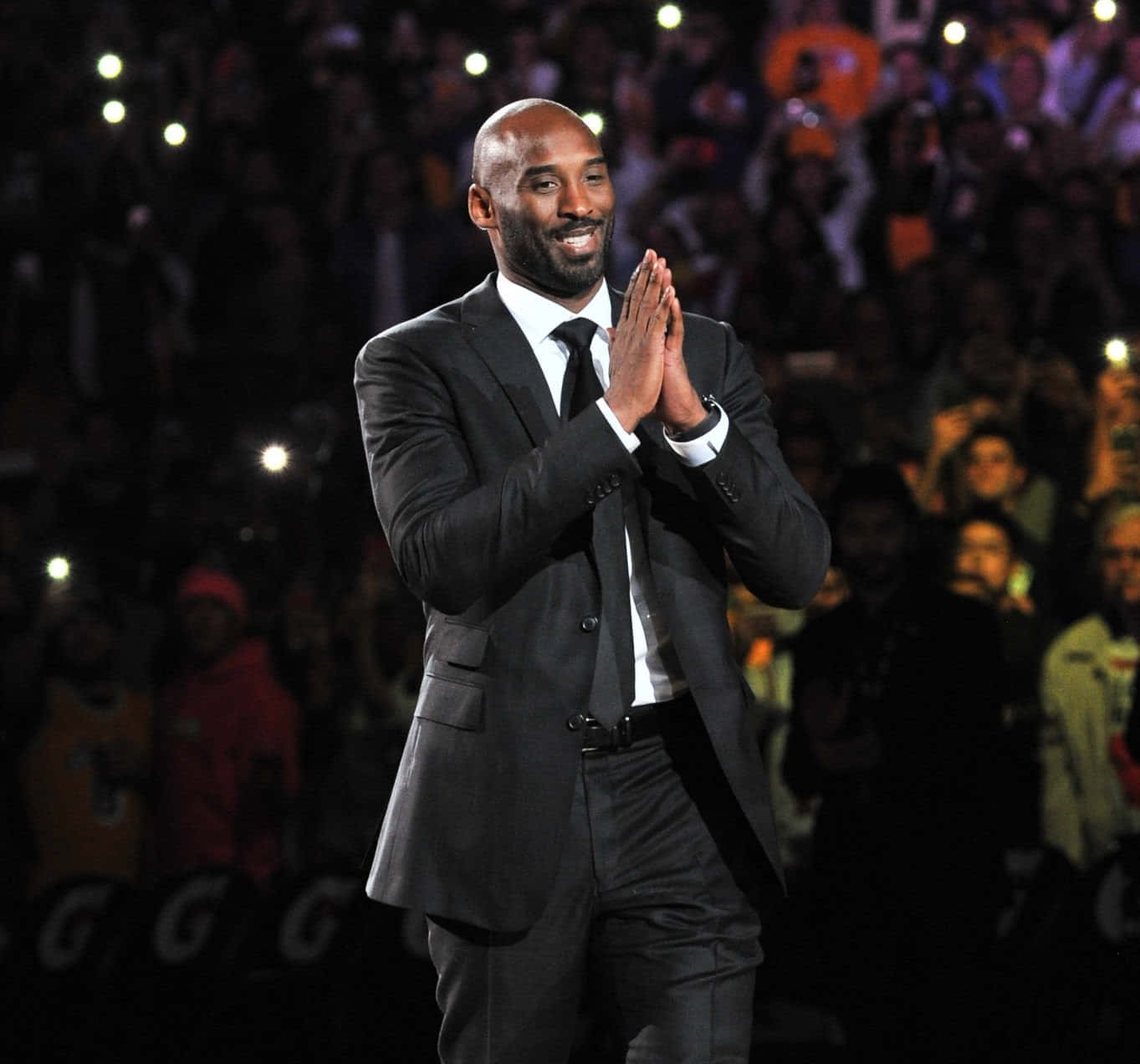 Kobe Bryant, black suit, brightly lit basketball court, HD Desktop Wallpaper
