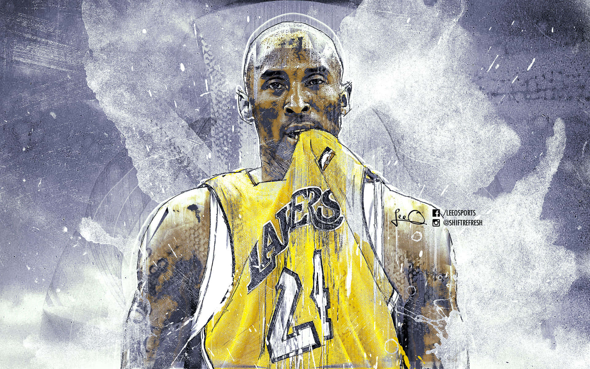 Kobe Bryant, yellow Lakers jersey, smoky gray background, Full HD Desktop Wallpaper