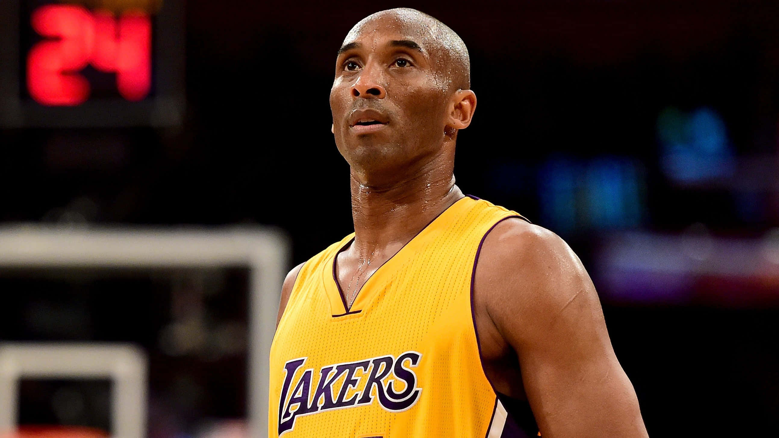 Kobe Bryant, yellow Lakers jersey, arena lights, 2K Desktop Wallpaper