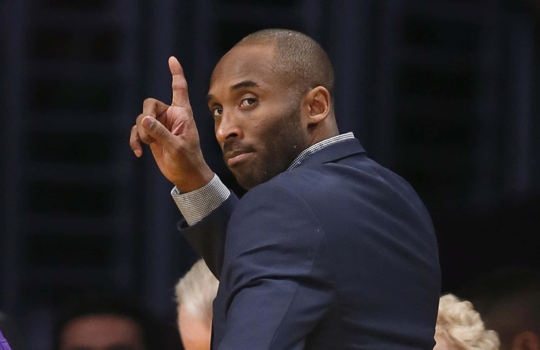 Kobe Bryant, navy suit, pointing upward, Full HD Desktop Wallpaper