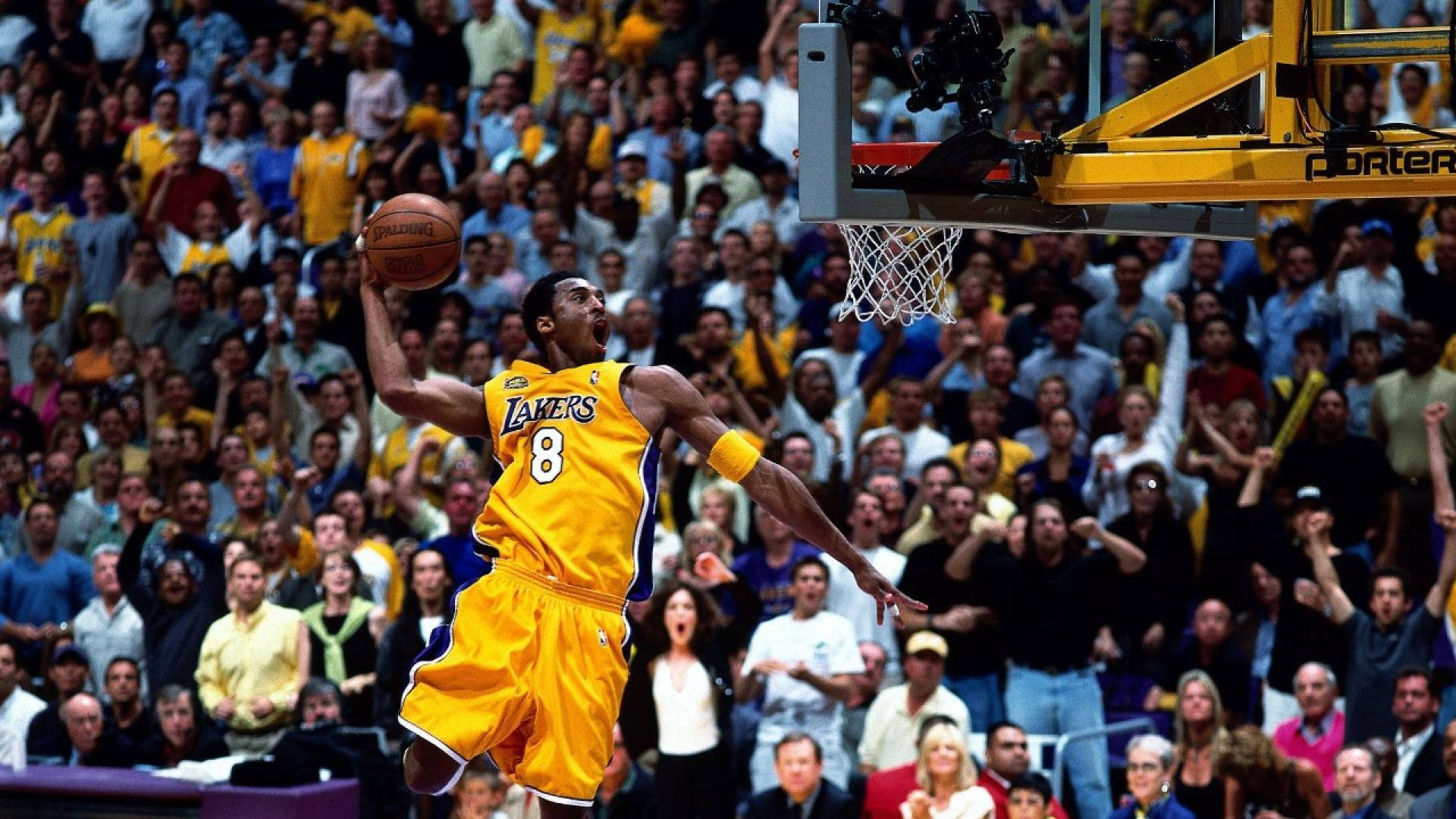 Kobe Bryant, yellow Lakers jersey, dunk, Full HD Desktop Wallpaper