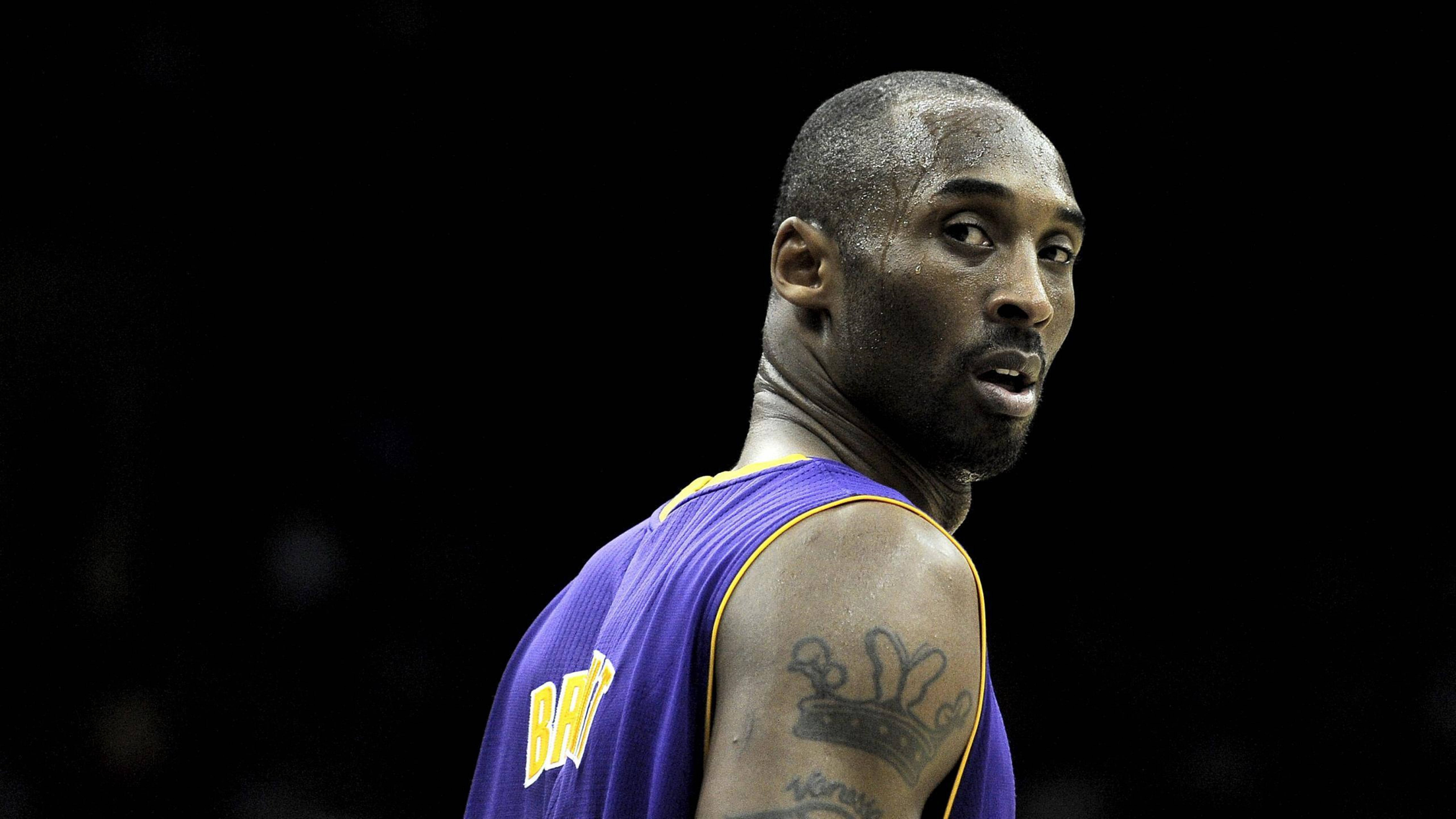 Kobe Bryant, purple Lakers jersey, black background, 5K Desktop Wallpaper
